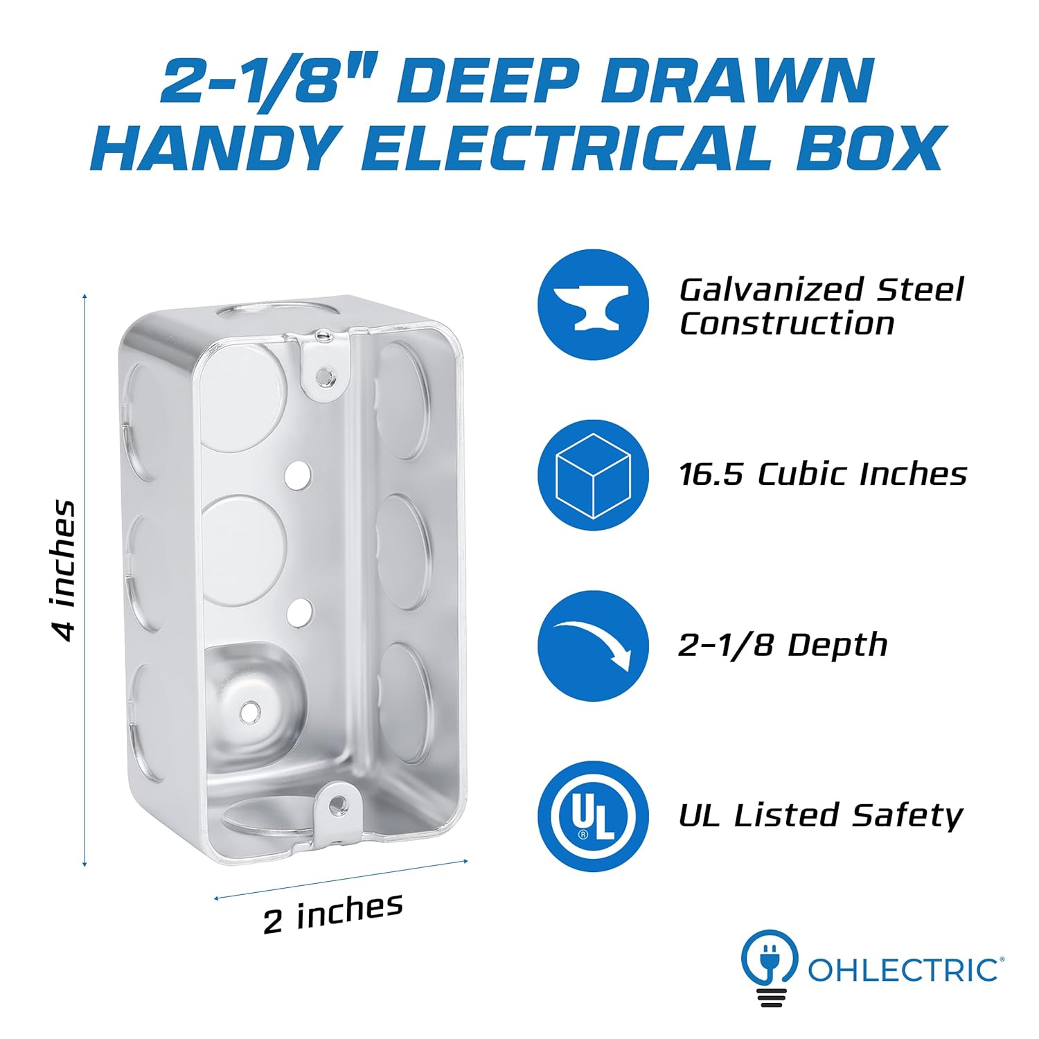 OHLECTRIC 4x2 Electrical Junction Boxes (20-Pack) Heavy-Duty Steel Metal Outlet Boxes with 10 1/2" Knockouts, 2-1/8 Inch Deep, 16.5 Cu. in. Steel Junction Box Utility Box