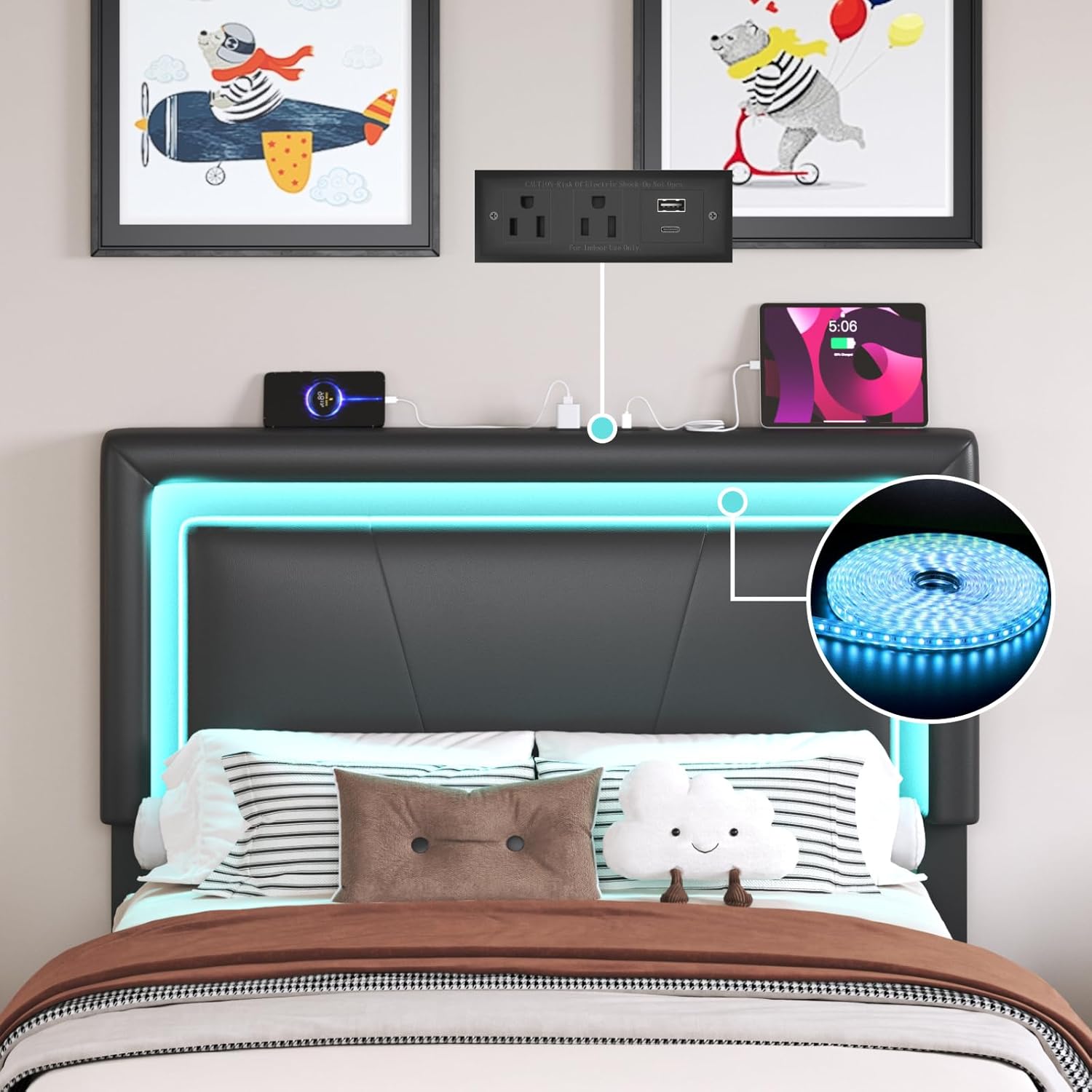 HAY.com Twin Bed Frame with 4 Storage Drawers & LED Lights, Leather Upholstered Platform Bed with Adjustable Headboard, Charging Station, Metal Slats Support, No Box Spring Needed, Black