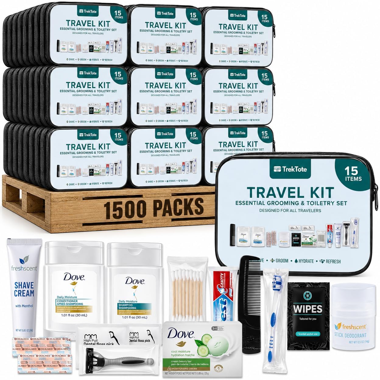 Travel Kit, Essential Grooming and Toiletry Set, 15 Items, Designed for All Travelers, 1500 Packs