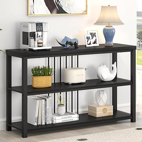 FOLUBAN Mesa de entrada, moderna mesa consola de sofá con estante de almacenamiento de 3 niveles para sala de estar, pasillo, vestíbulo, roble negro