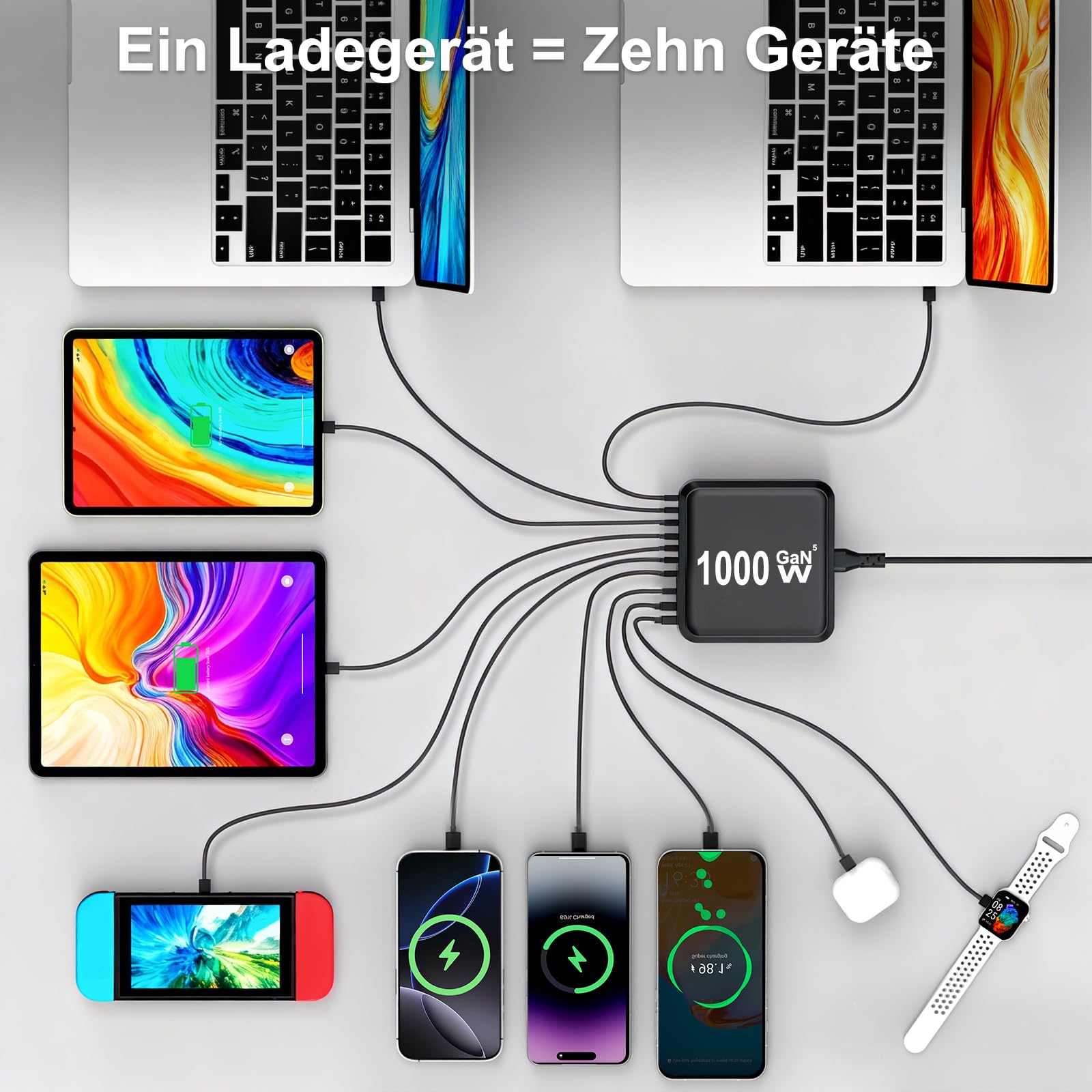 1000W USB C Ladegerät Mehrfach, GaN V 10 Ports USB Ladegerät Mehrfach, 1000W 10-Port Schnellladegerät Kompatibel mit MacBook Pro/Air, iPad Pro/Air, iPhone, Android etc