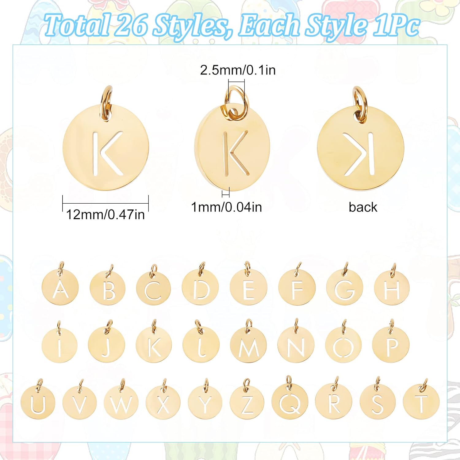 SUNNYCLUE アルファベットチャーム 1箱 26個 304ステンレススチール レターチャーム ゴールドレターチャーム イニシャ