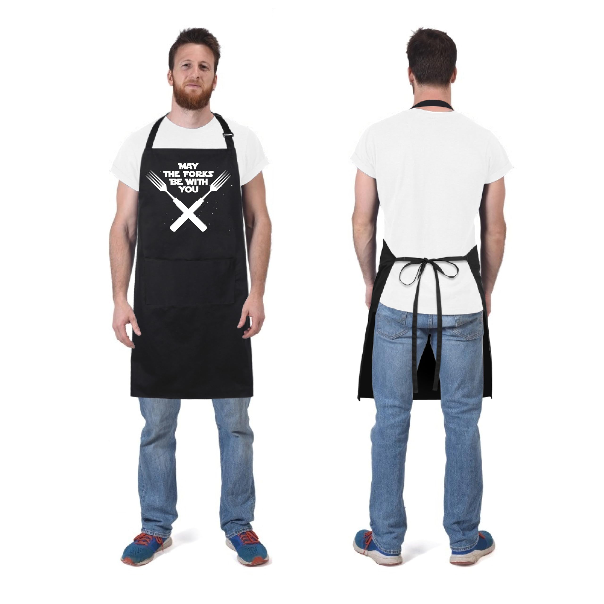 Xornis 100% Cotton Funny Apron for Men Women Adjustable Bib Aprons with 2 Pockets Grill Kitchen Cooking BBQ One Size Fits All: May the Forks Be With You
