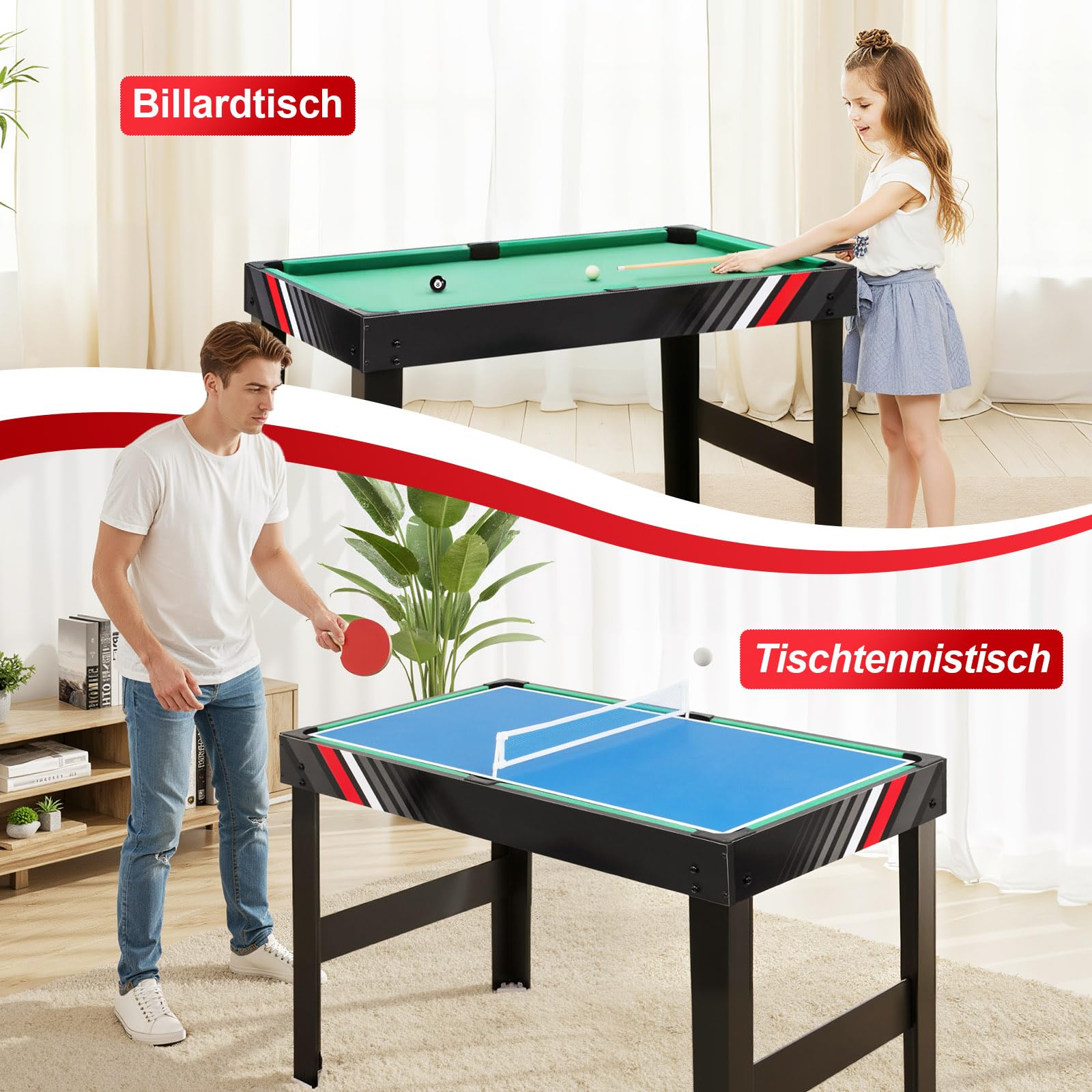 4-in-1 Multi Spieltisch, Multifunktionale Spieltische mit Tischkicker, Billard, Airhockey, Tischtennis, Multifunktionstisch Multiplayer Inkl. komplettem Zubehör, für Heimspielzimmer, Partybars, Kinder