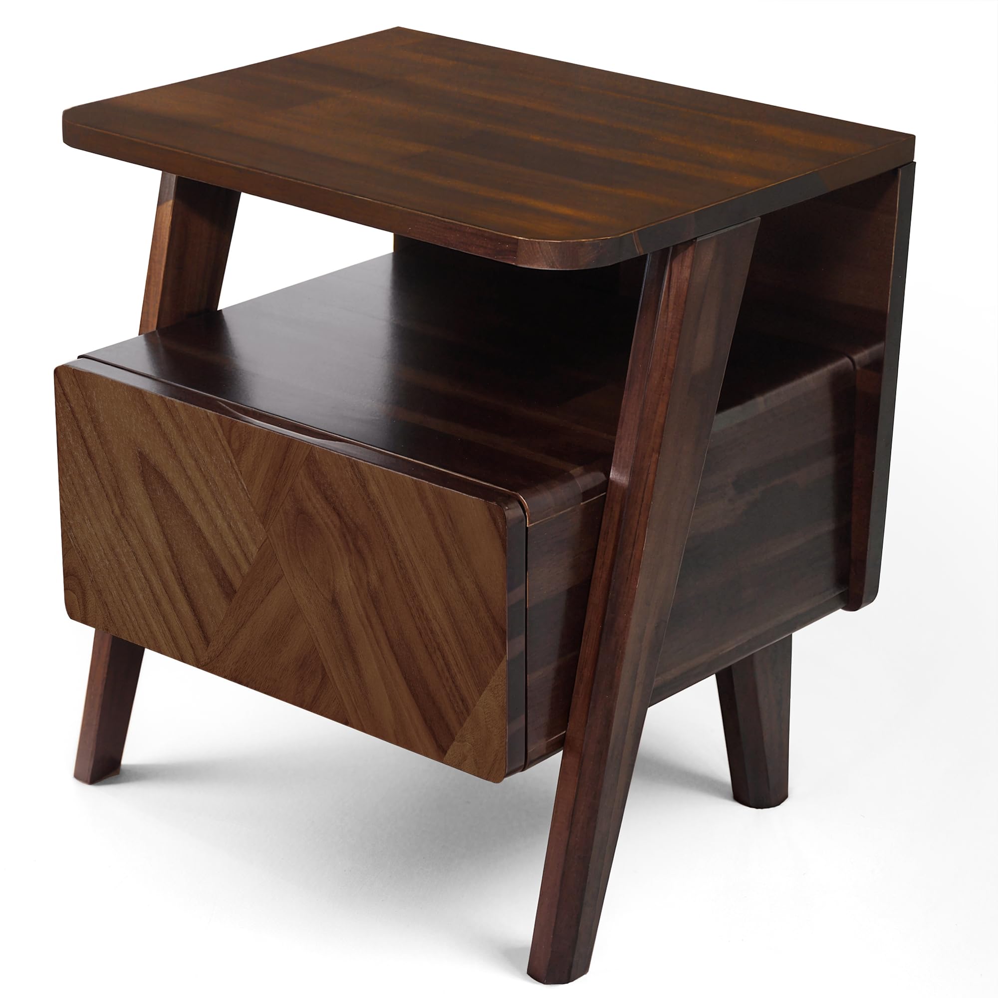 RORNS Rum Nightstand with Drawers, Solid Acacia Wood Bedside Table with Drawer & Open Shelf, Handcrafted Wood Grain End Table, Scratch &