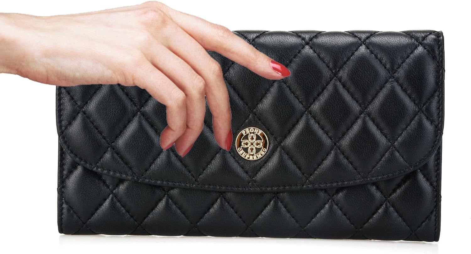 Luxury Quilted Leather Wallet Flap Long Wallet Credit Card Holder Coin Purse Business Card Holder Lady Clutch Gift for Women Girl Black - Image 7