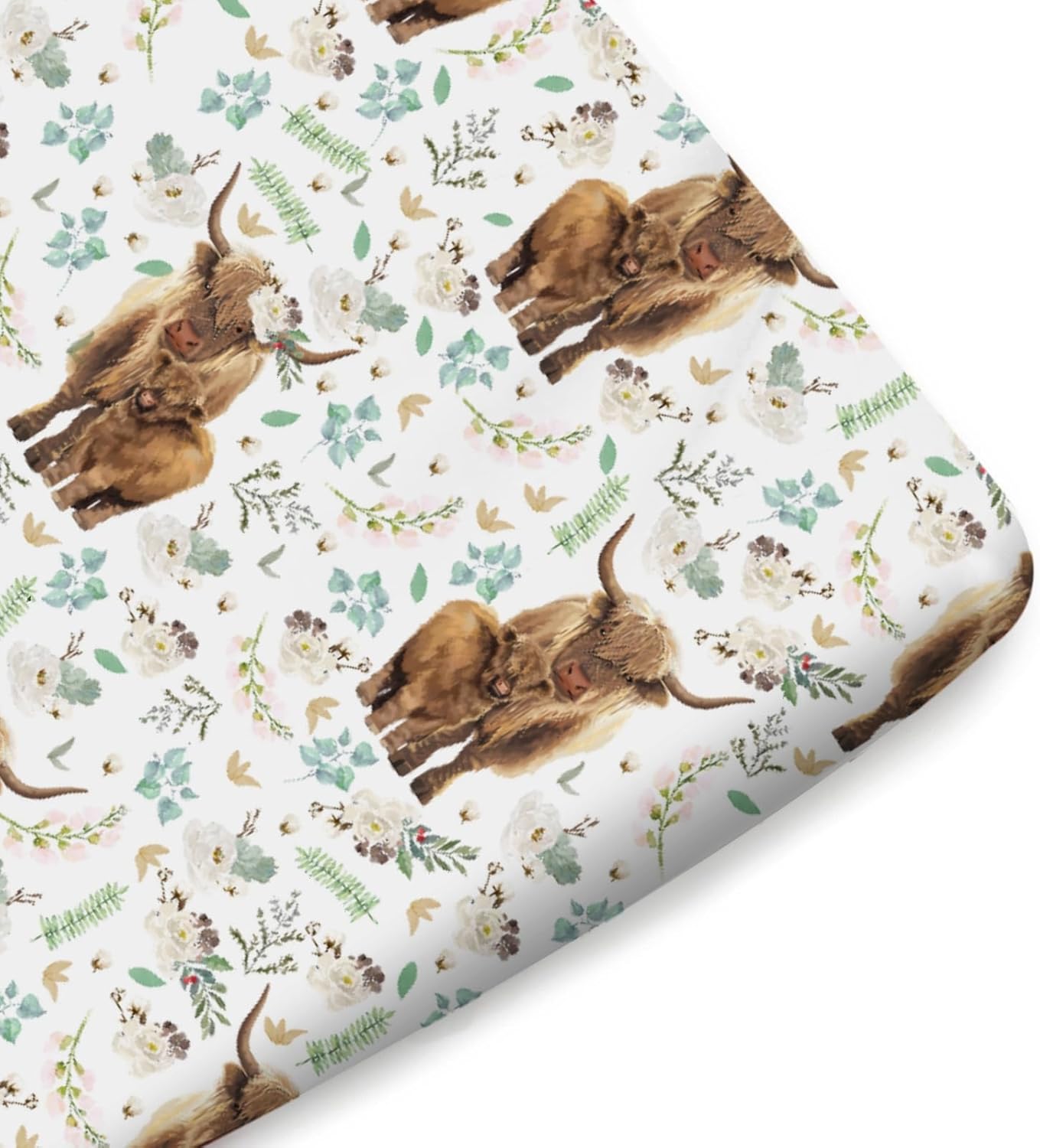Watercolor Highland Cows Retro Floral Baby Crib Sheets for Boy Girl 52"x28" Highland Yak Boho Flowers Leaves Fitted Crib Mattress Sheet Soft Nursery Baby Sheets for Standard Crib and Toddler Mattress