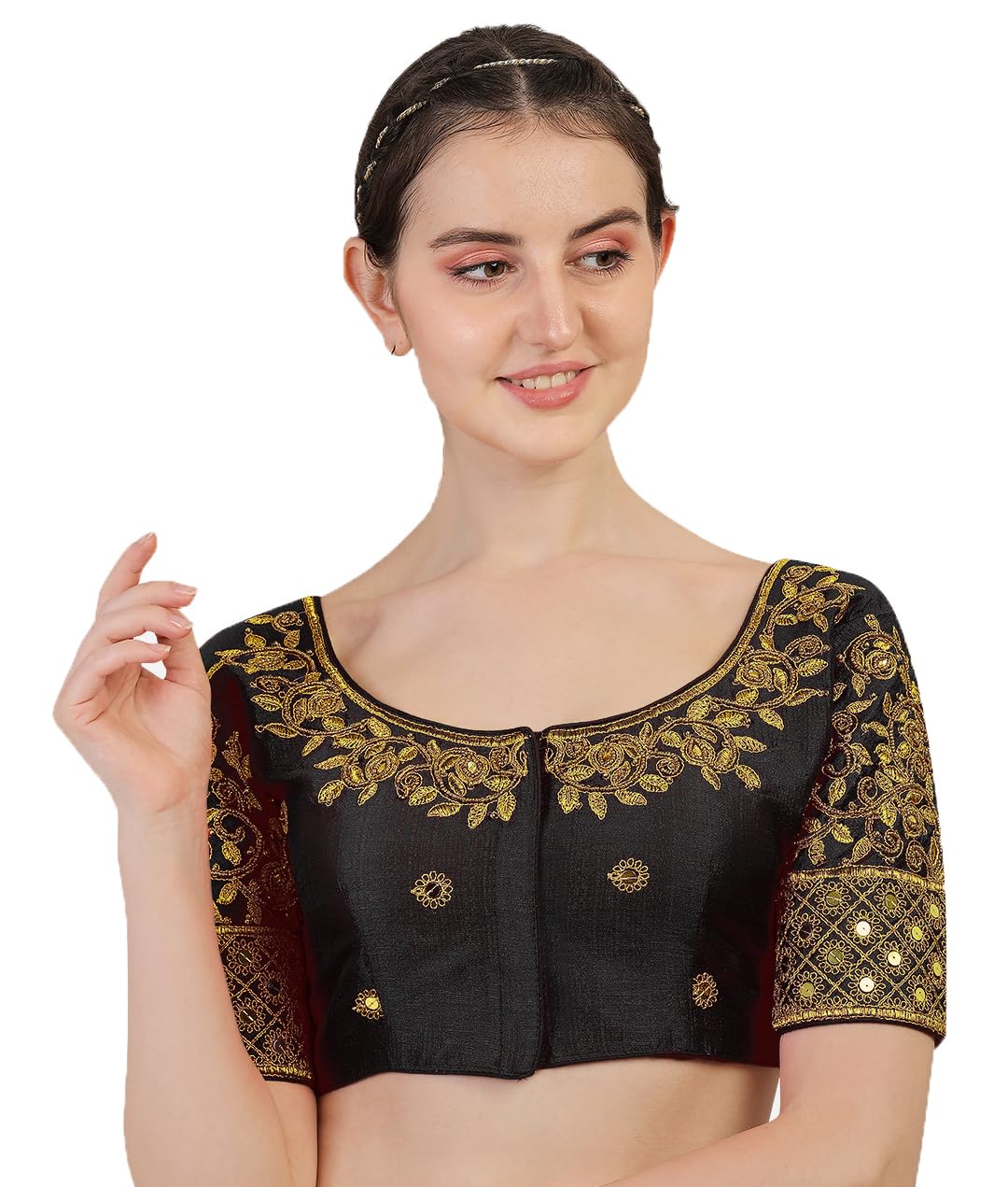 Pujia Mills Women's Silk Embroidery Half Sleeve Blouse (Gwaliya Blouse_Black_38)