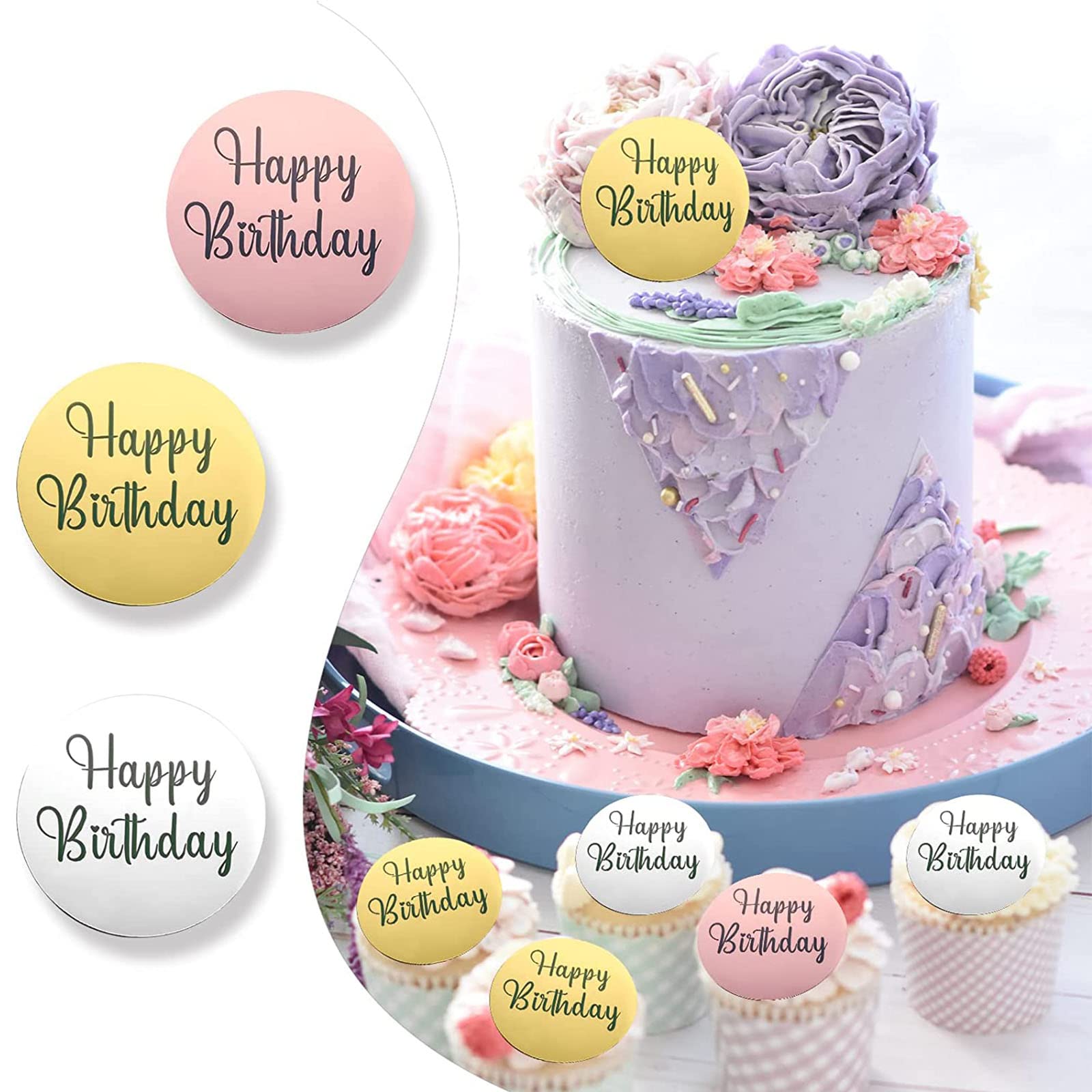 Décor Acrylique Rond HAPPY BIRTHDAY Pour Cupcakes