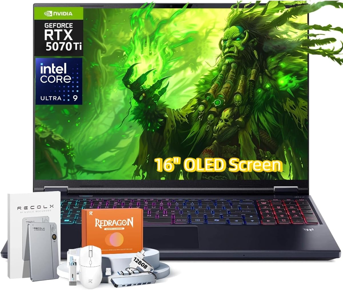 Laptop para juegos Predator Helios Neo 16S AI, Intel Core Ultra 9 275HX hasta 13 NPU Tops, RTX 5070Ti, 32 GB DDR5, 1 TB SSD, OLED de 16" 240 Hz, Win11 Pro, con grabadora de voz RECOLX AI, accesorios REDRAGON
