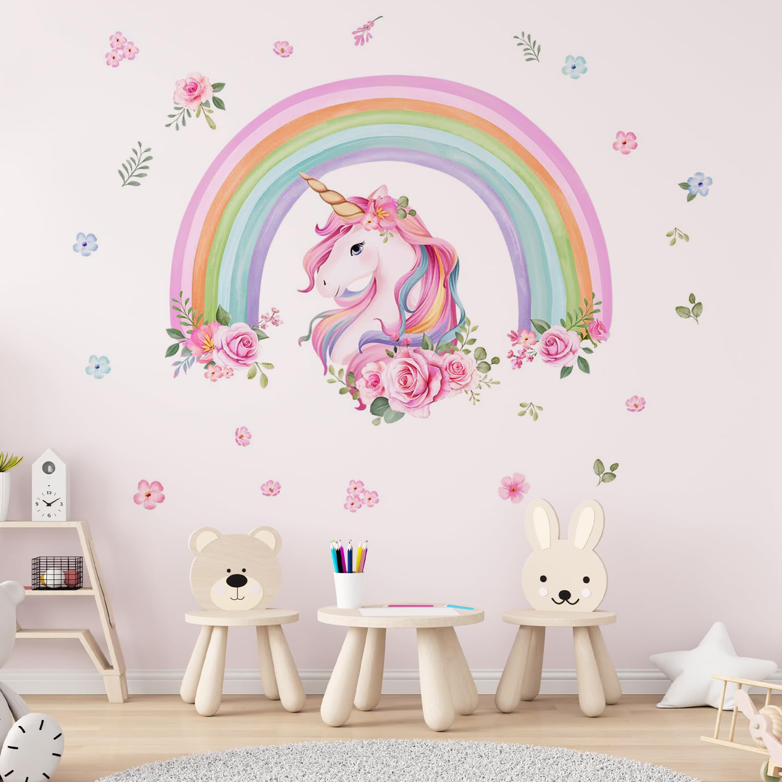 Aolso Pegatinas de Pared Infantiles Arcoiris Unicornio, Vinilos Decorativos Nubes Adhesivos Pared Bebé Guardería Niños Dormitorio, Pegatinas de Pared, Papel Pintado Infantil Unicornio