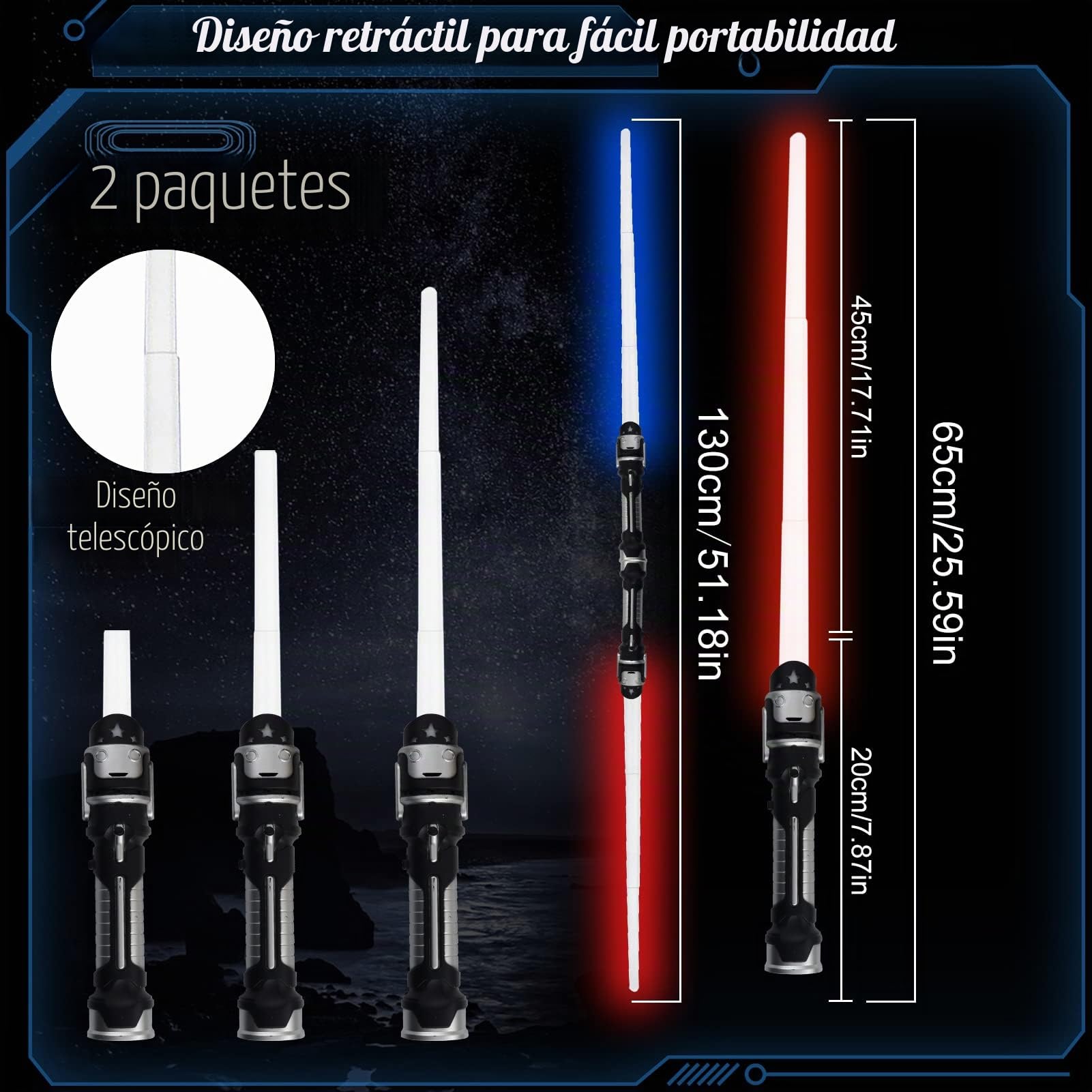 2 Piezas Espada Láser para Niños,2 en 1 Sable De Luz,Espada de Luz | Espada Laser 7 Colores con Sonido,Sable Laser Telescópica y Plegable,Cosplay Regalos,para Adultos Adolescentes Niños