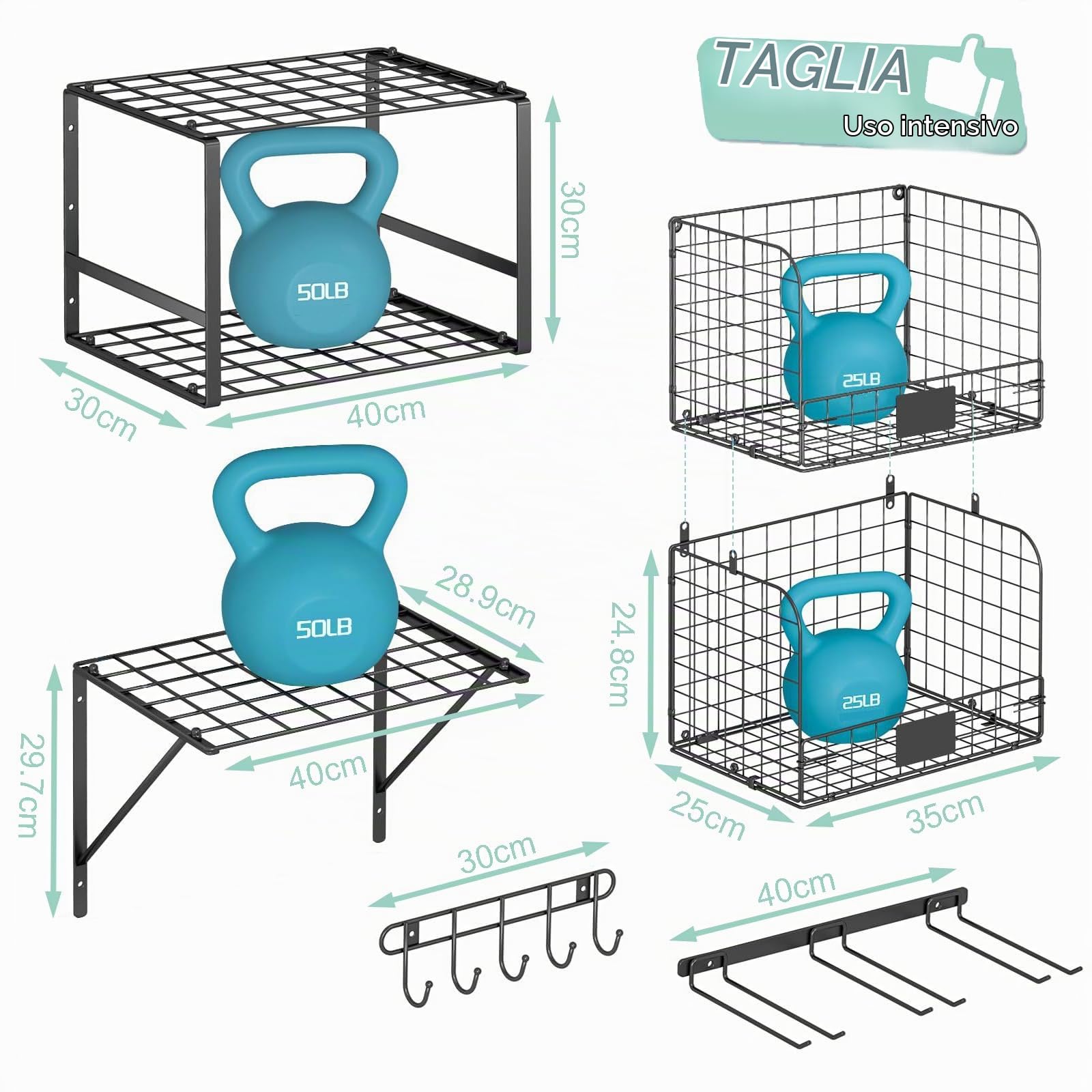 Mensola da garage a parete con cesti metallici, resistente scaffalatura da parete per garage con porta attrezzi da giardino e ganci, ripiani in filo metallico per garage, vialetto da giardino