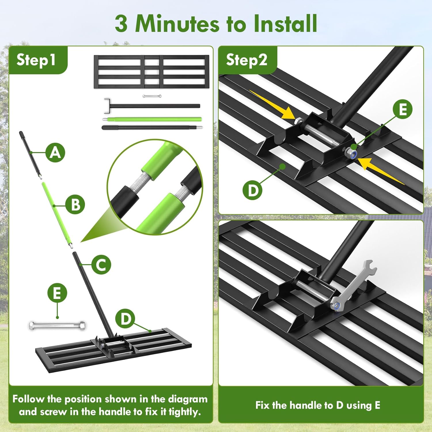 Seeutek Lawn Leveling Rake, 30" x 10" Heavy Duty Yard Leveling Rake Tool with 0-180° Adjustable Handle, 6.5FT Steel Handle Lawn Leveler for Yard Garden Golf, Ease Level Soil Sand Dirt Surface
