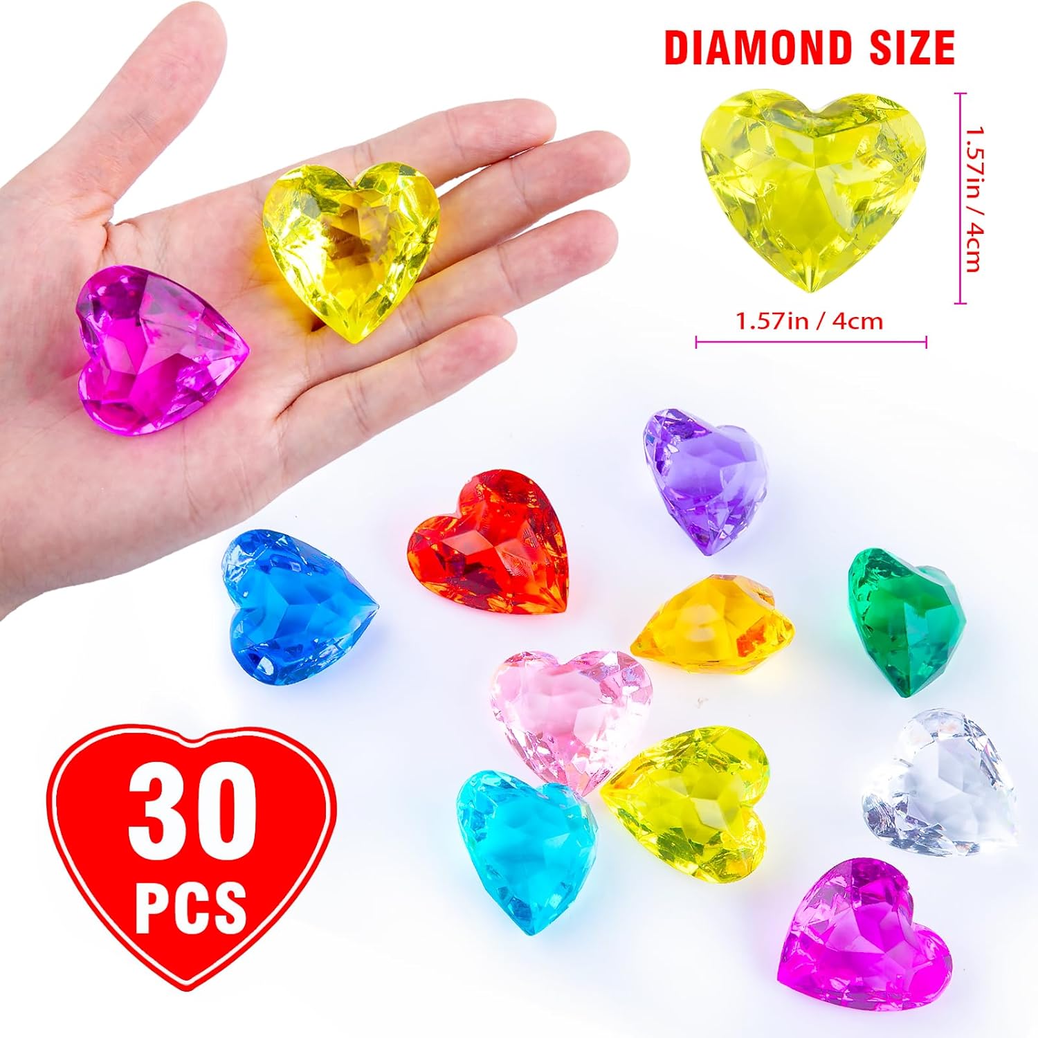 Niceup 1.5in Big Heart Diamond Gemstones Party Favors Easter Egg Goodie Bag Fillers Acrylic Gems Bulk Craft Supplies (Yellow)
