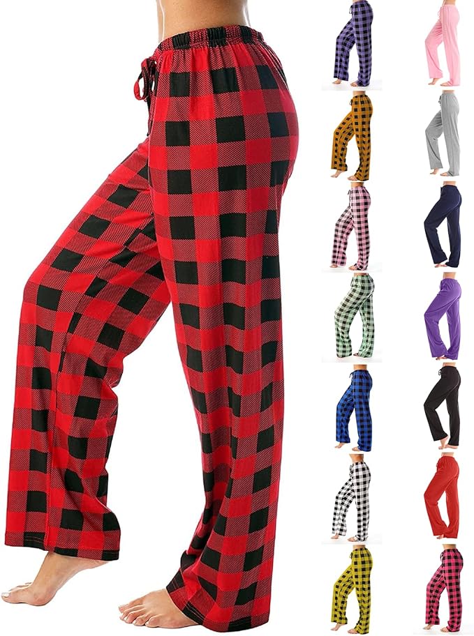 Comfortable pajama pants in buffalo check flannel folded on a bed