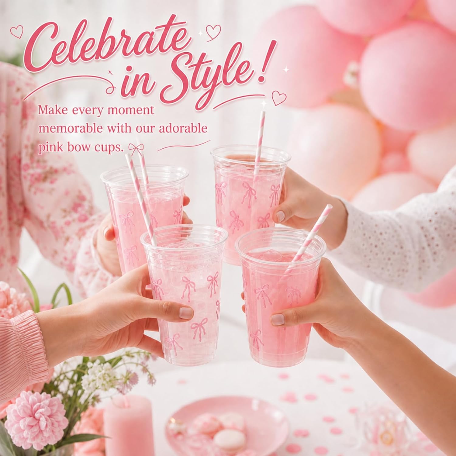 Qinyoung 100 Pcs 12 oz Pink Bow Plastic Cups with Paper Straws Pink Bowknot Cute Coquette Disposable Cups Bulk for Birthday Wedding Summer Bridal Engagement Just Wanna Be One Birthday Party Supplies image 2