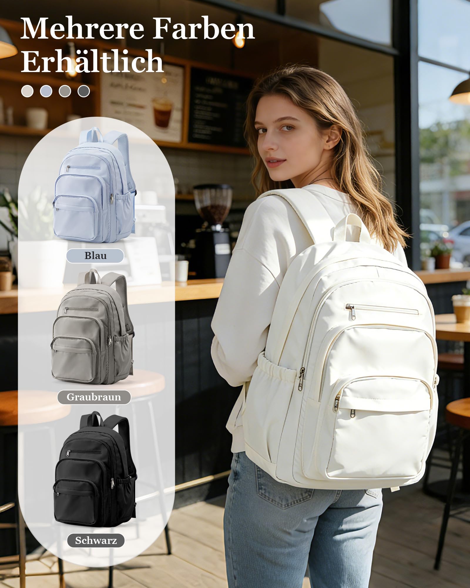 Rucksack Damen Herren, Schulrucksack Groß mit Vielen Fächern, Waterproof Rucksack Leicht für Schule, Schulrucksack Teenager Daypacks Backpack für Jungen Mädchen, Beige