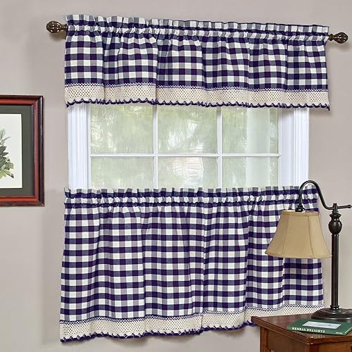 Miniatura 10 de Woven Trends Juego de 3 cortinas de cocina y cenefa, diseño de cuadros a cuadros, 29 pulgadas de ancho x 24 pulgadas de largo, paneles de granja,