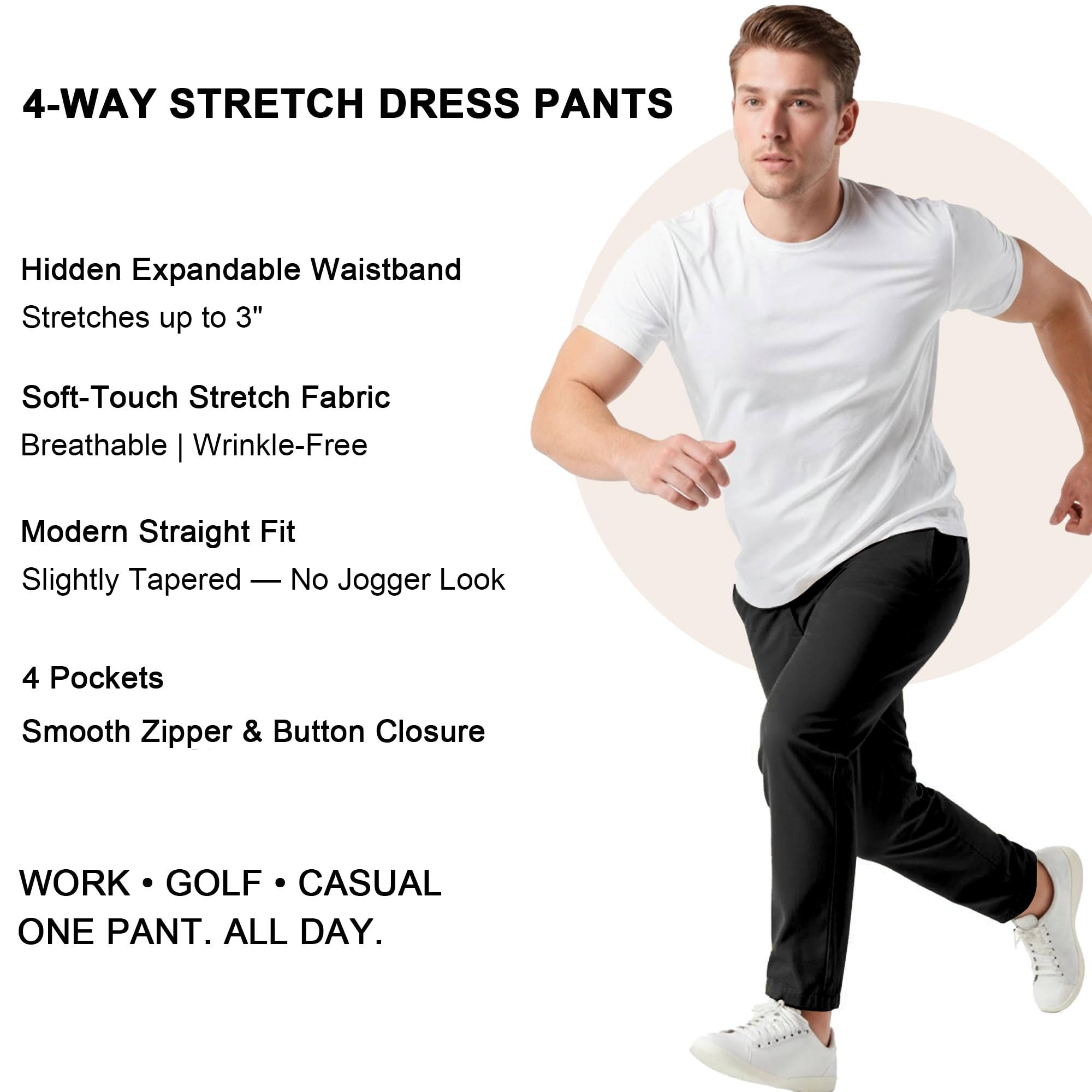 Pantalones chinos elásticos en 4 direcciones para hombre, corte recto, parte delantera plana, pantalones casuales con cintura elástica