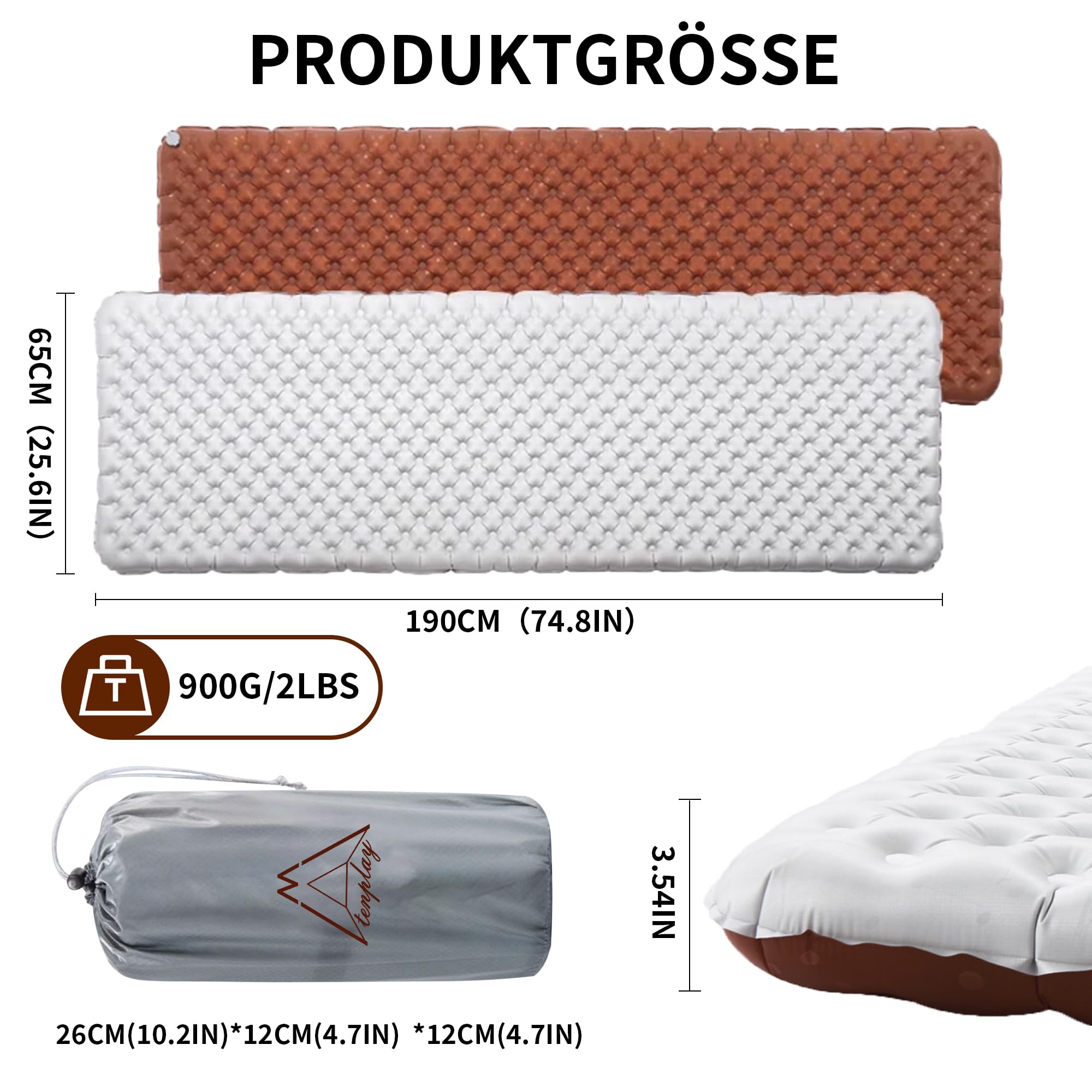 TENPLAY 7.2R Isomatte, 12cm Dicke Aufblasbare Isolierklimmatte bis -29°C, Ultraleicht mit Aluminiumschicht für 4-Jahreszeiten, Inkl. Pumpsack, Für Trekking, Wandern & Camping