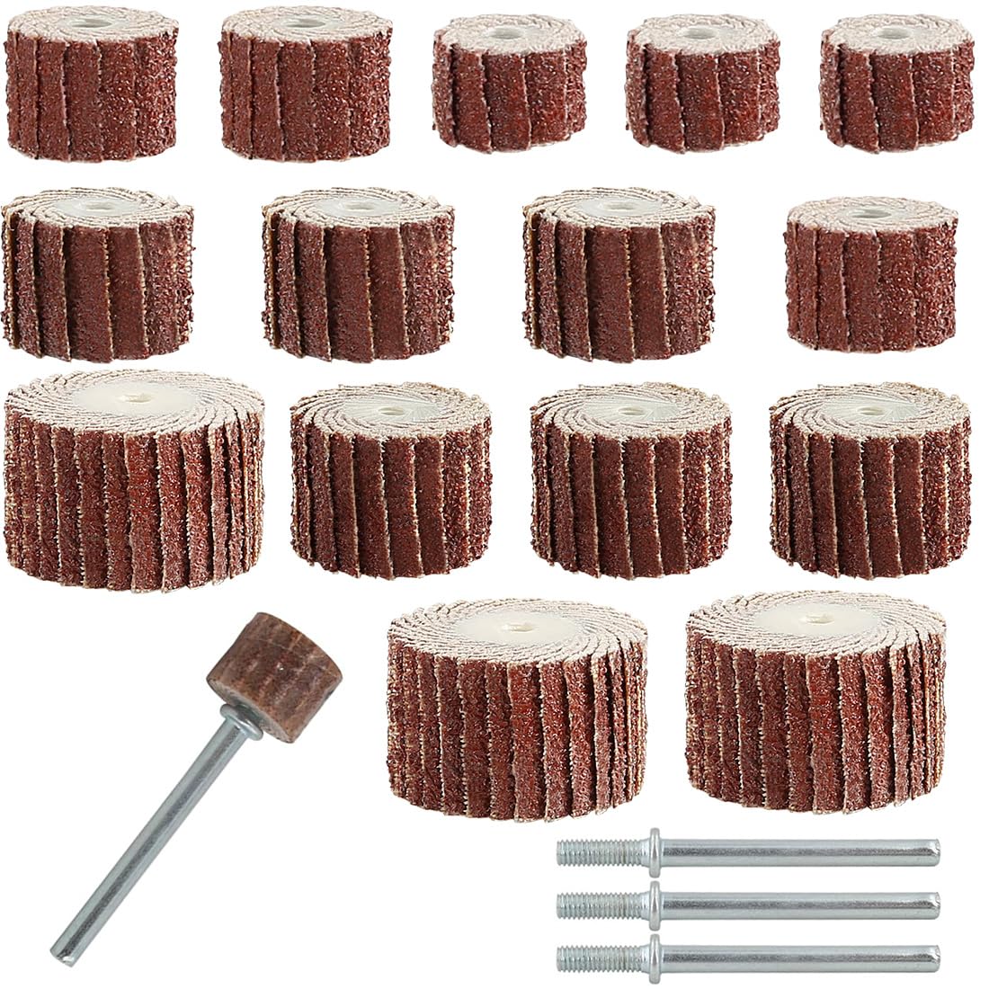 15 Pezzi Dischi Abrasivi, Grana 80, Flap Wheel 5 Dimensioni Diverse Per Lucidatura, Con 3 Asta Di Collegamento Ruota Lamellare Di Carta Vetrata Per Trapano, Smerigliatrice, Utensile Rotante