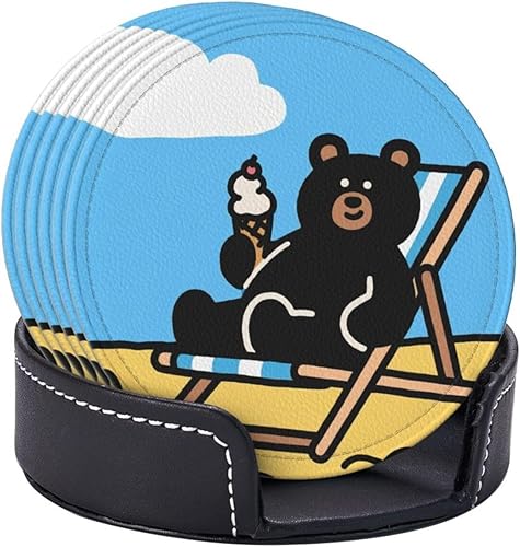 Miniatura 6 de Drink Coasters Set of 6, Black Bear Printed PU Leather Round Coaster with Holder for Outdoor, Office, Bar, Funny Heat-Resistant Home Desk Decor