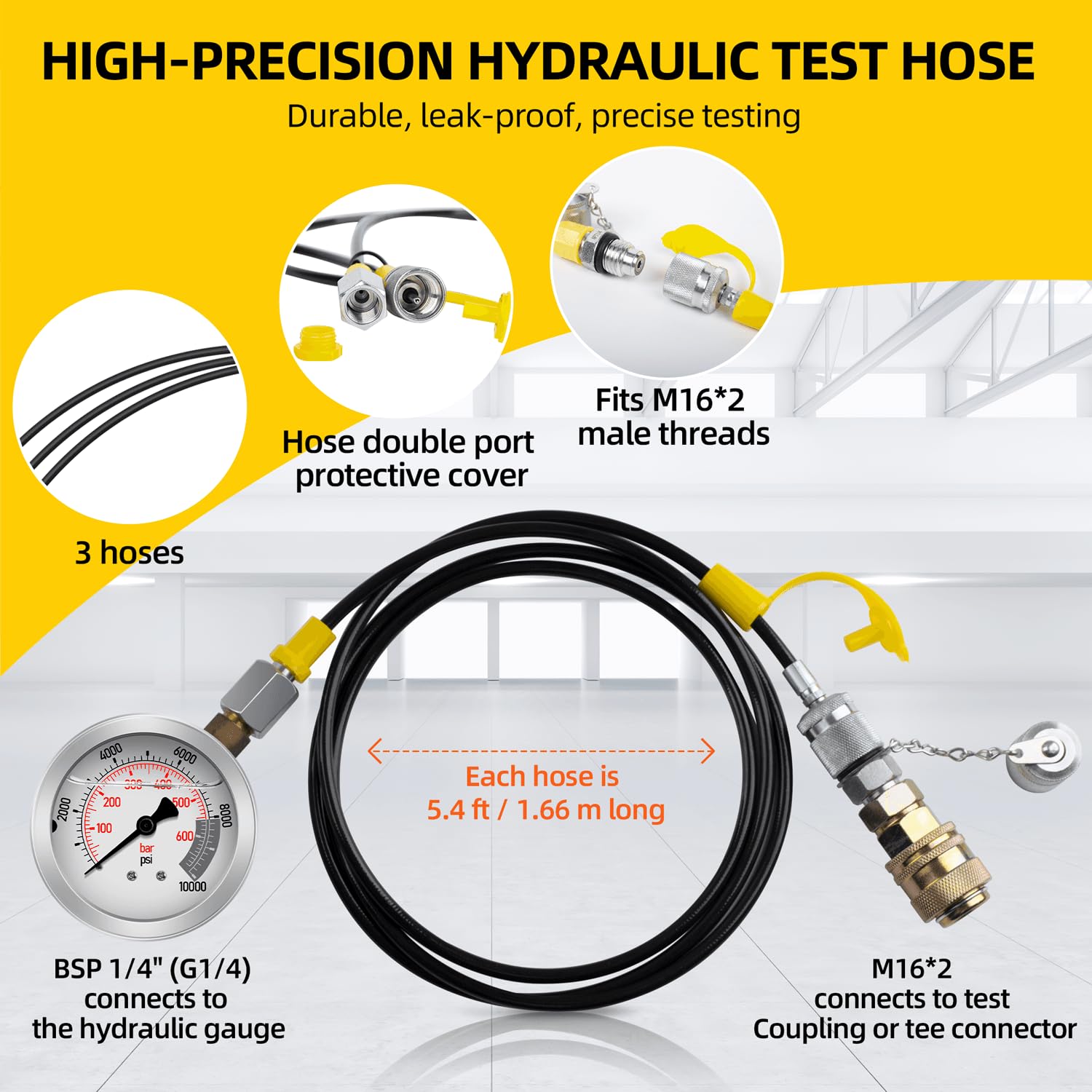 Kit de prueba de presión hidráulica con 4 manómetros (máximo 10 000 PSI), 10 acoplamientos de prueba, 3 mangueras de prueba, juego de comprobador de manómetros de nitrógeno hidráulico para excavador