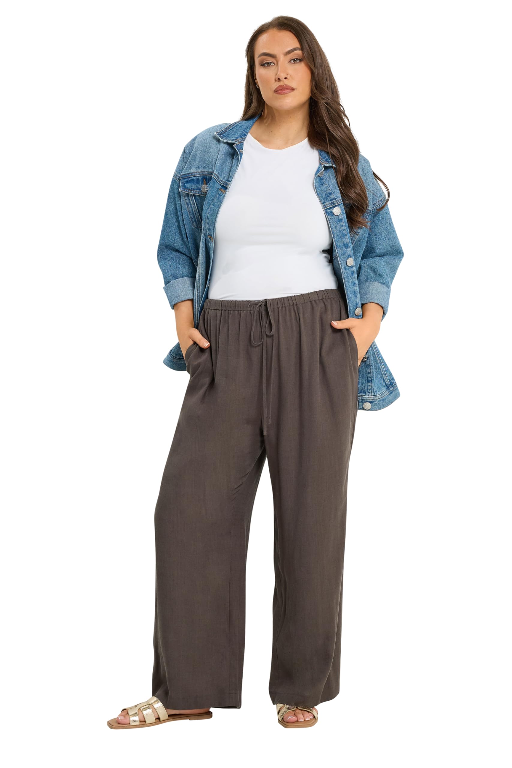 Yours Women's Chocolate Curve Brown Wide Leg Linen Trousers - Plus Size Curve