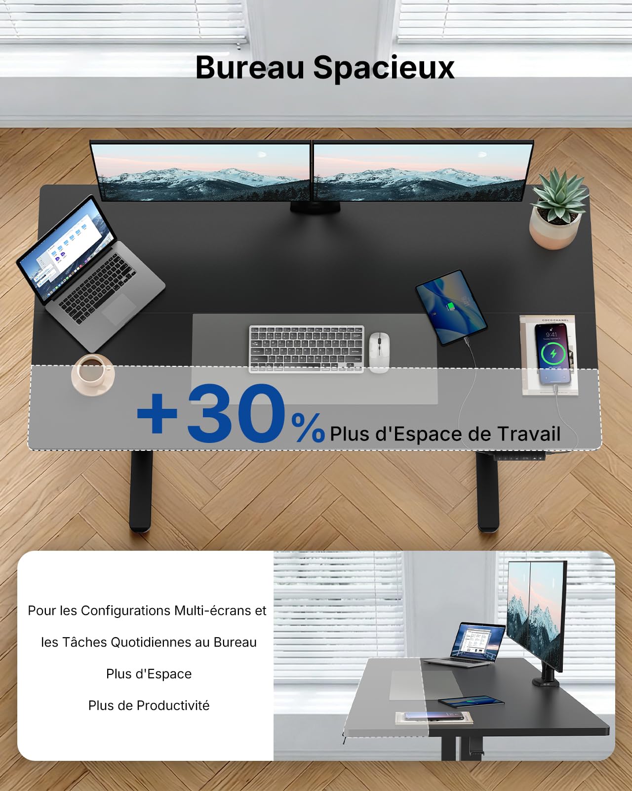 HUANUO Bureau Debout 160 x 80 cm avec Port de Charge USB-C et USB-A, Hauteur réglable de 72 à 118 cm, 4 préréglages de mémoire, Gestion des câbles et Crochet