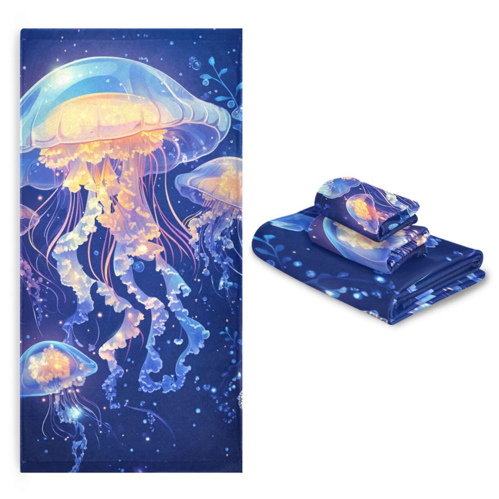 Cartoon Quallen A River Blue Cleaning Face Towels Set 3-teilig, 1 Badetuch, 1 Handtuch, 1 Waschlappen für Zuhause, Küche, Familie