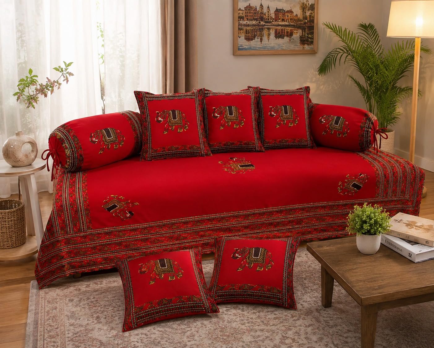 Premium Red Hand Embroidered Elephant Design Cotton Diwan Set with 5 Cushion Covers & 2 Bolster Covers-image-33
