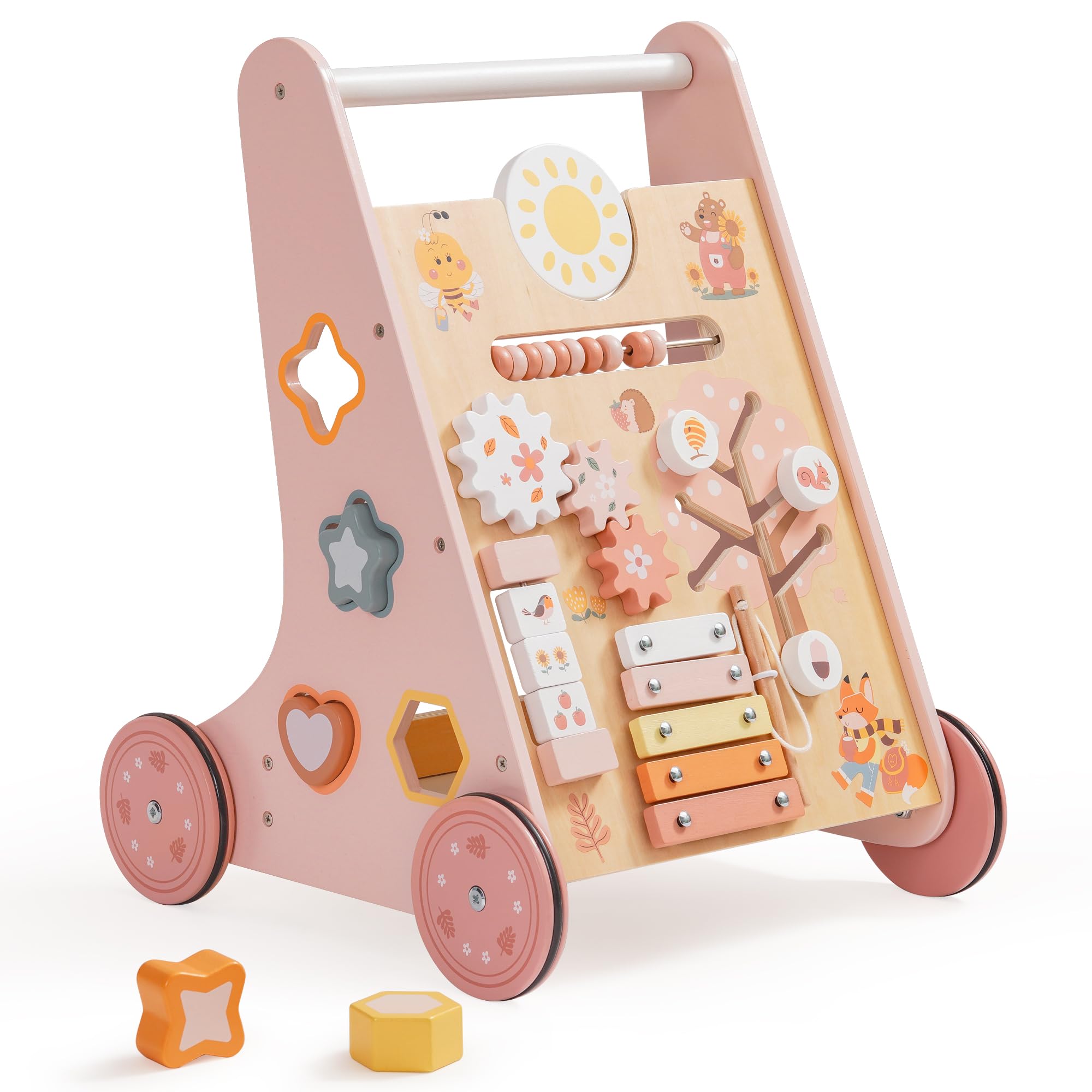 ROBUD Lauflernwagen Holz,Baby Lauflernhilfe,Baby Walker,kognitive Entwicklung, Rosa