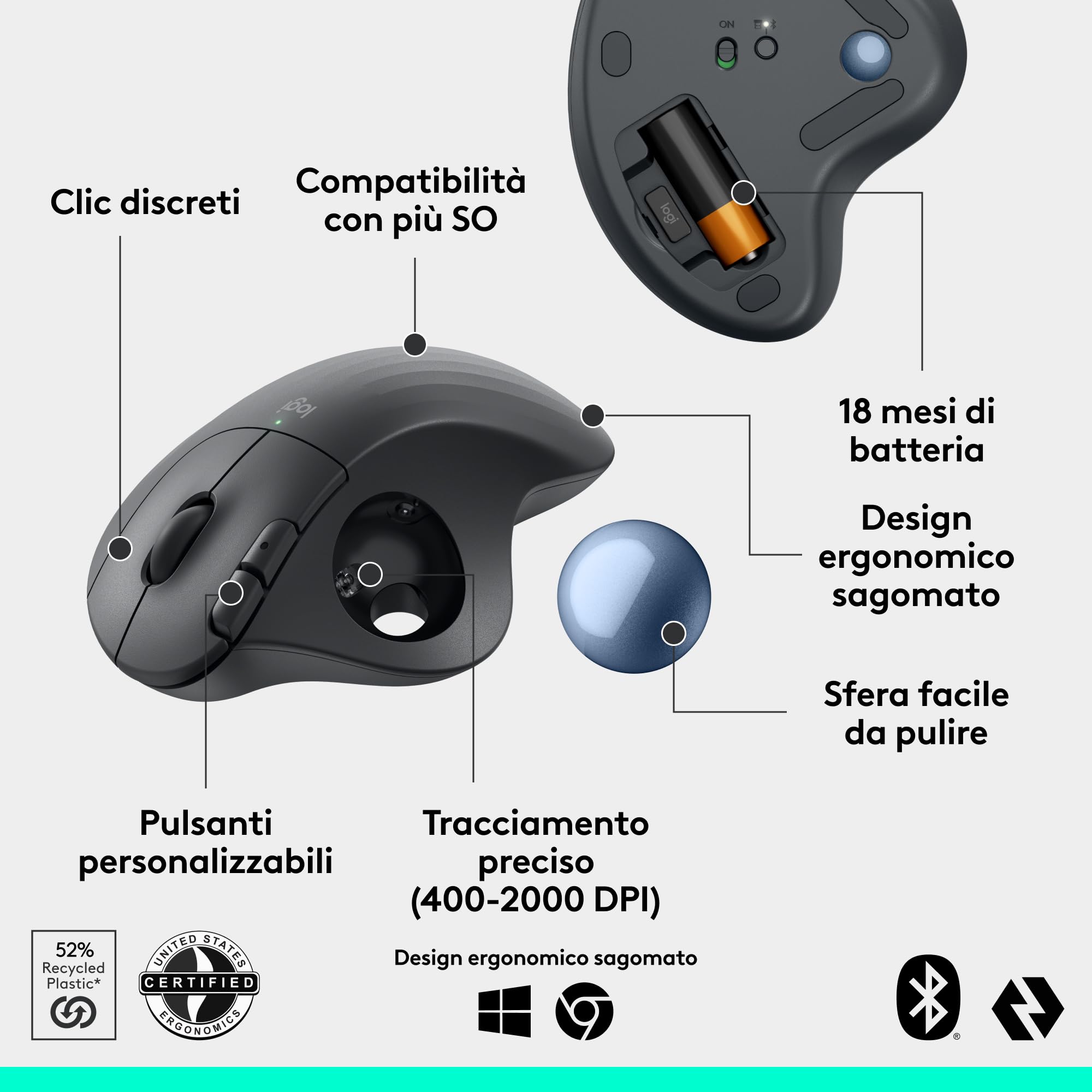 Logitech ERGO M575S mouse trackball wireless, mouse ergonomico wireless con Bluetooth e dongle crittografato, controllo comodo con il pollice, tracciamento preciso e fluido, per PC/Mac - Grafite