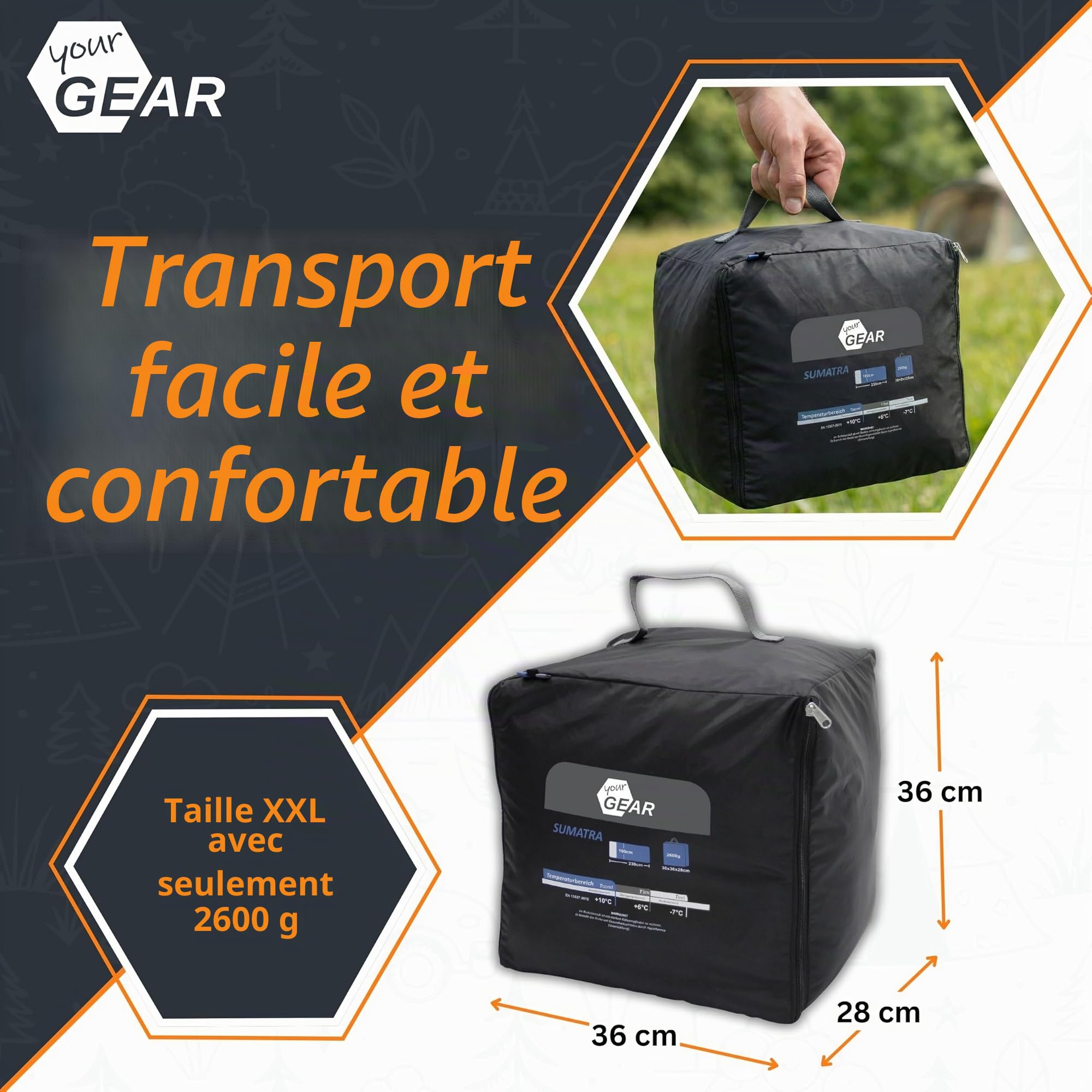 your GEAR XXL Sac de Couchage Sumatra -7°C Sac de Couchage rectangulaire 230x100 cm Doublure en Coton Bleu Gris Partie Amovible pour la tête