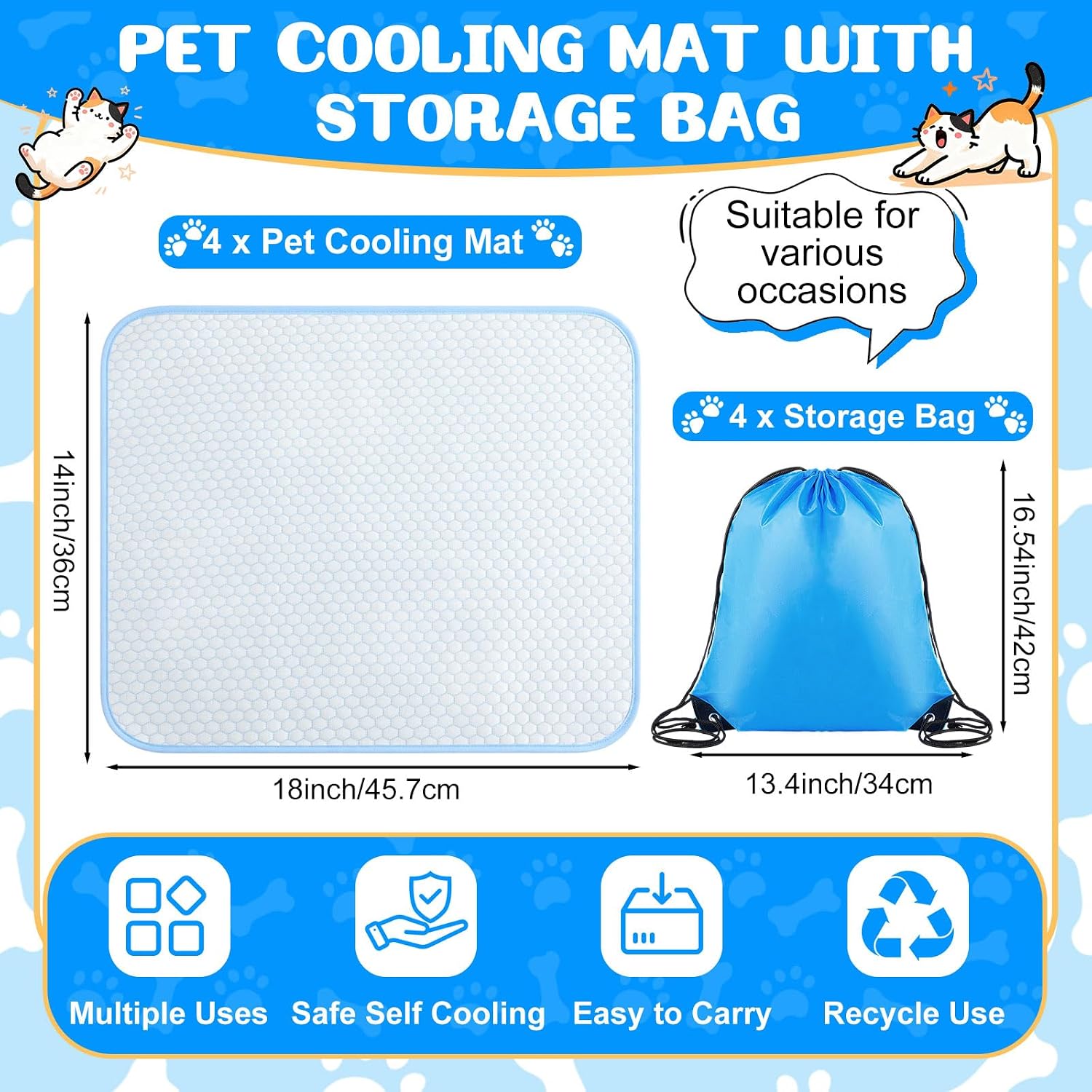 Chunful 4 Pack Dog Cooling Mat 18 x 14 Inches Pet Cooling Pads Summer Cat Self-Cooling Blanket Portable Washable Ice Silk Non-Skid Mat for Small Dogs Puppy and Cats up to 10 Lbs