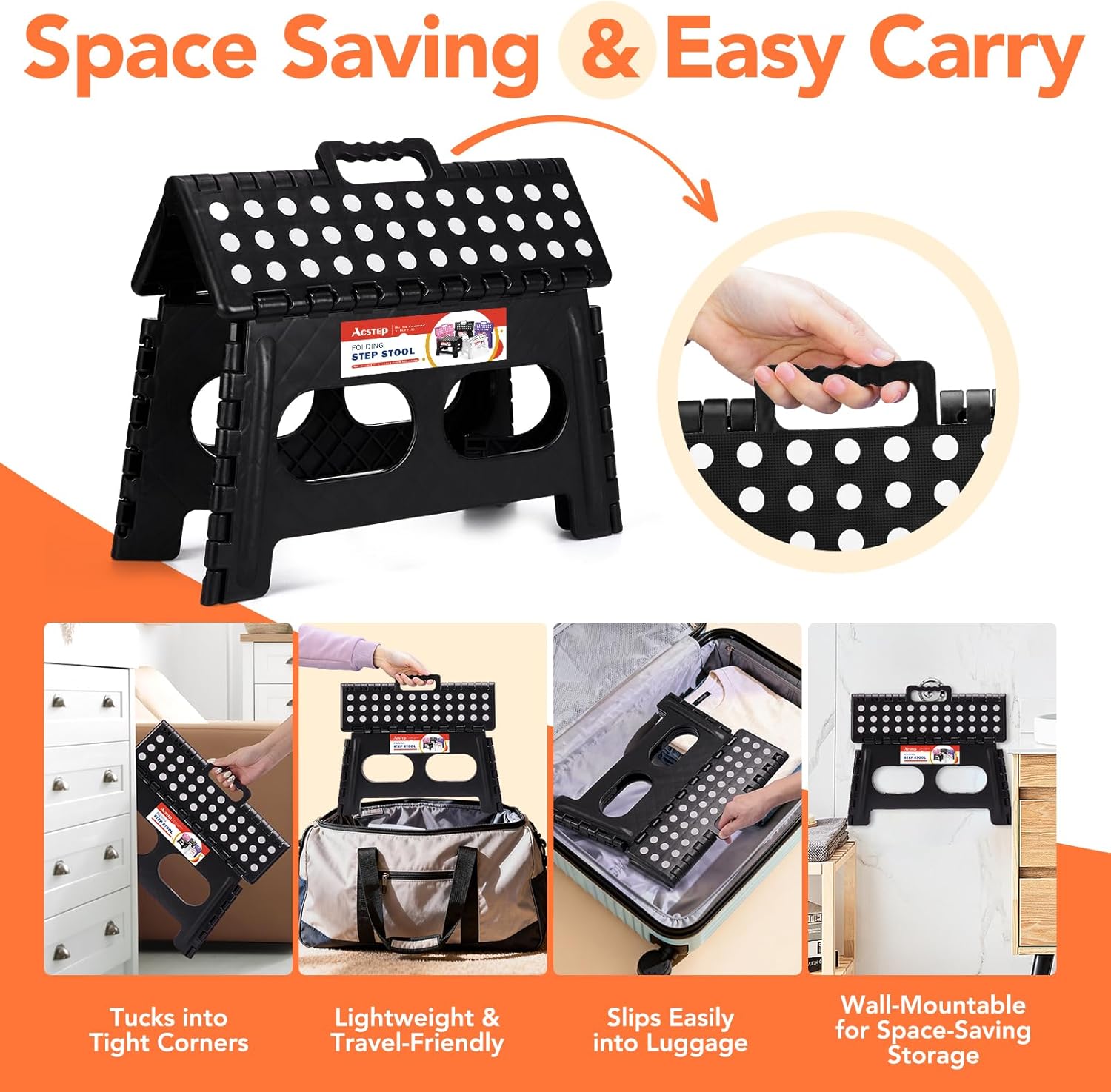 ACSTEP Folding Step Stool,15-Inch Extra Wide 9 Inch Height Heavy Duty Stepping Stool Safer and More Comfortable Non Slip Foldable Step Stool for Kids and Adults Black