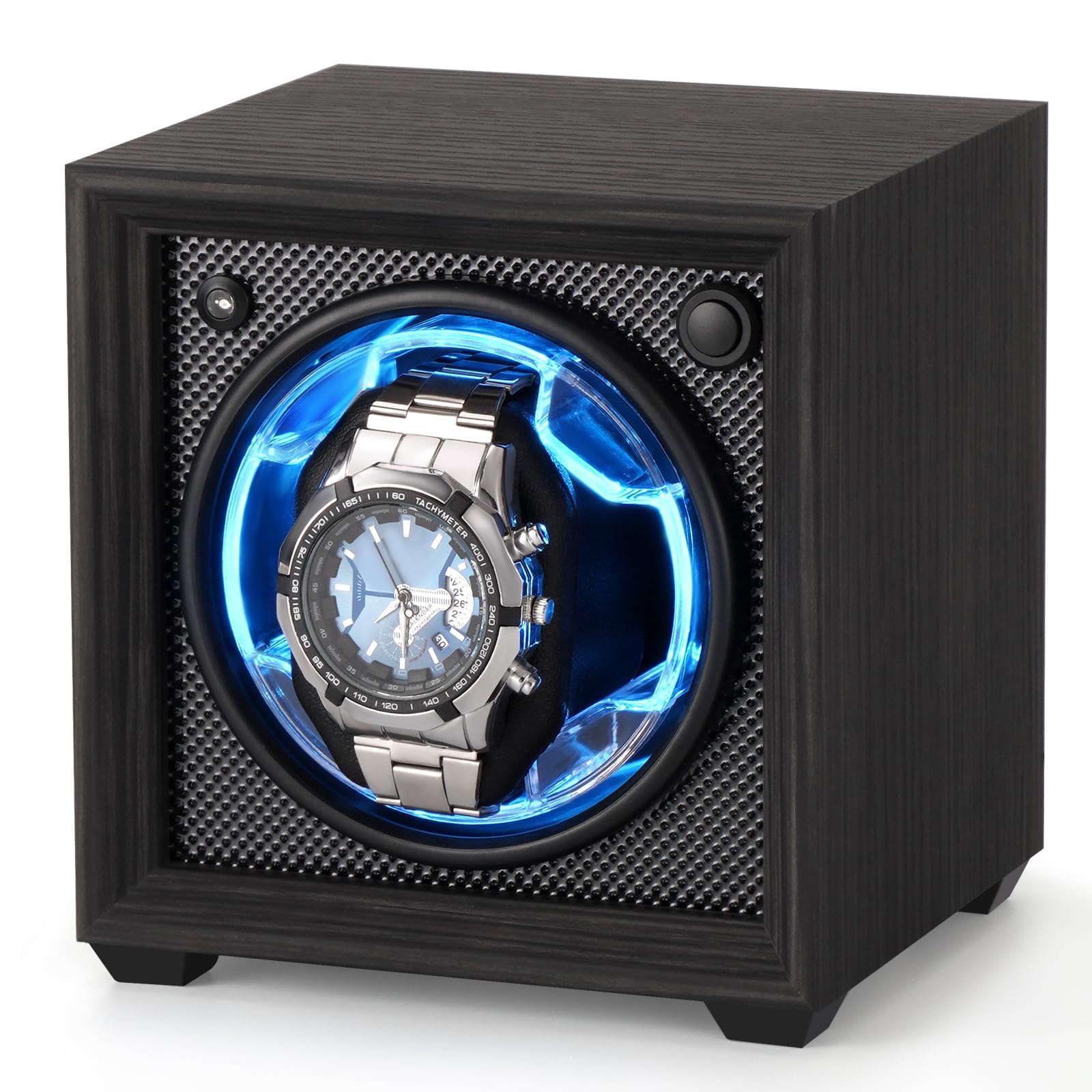 Isili Einzel Uhrenbeweger für Automatische Uhren, Auto Start-Stop Uhr Winders Box für Liebhaber, mit Quiet Motor 2 Rotation Mode Einstellung, blaues Licht, Geschenk für Vatertag