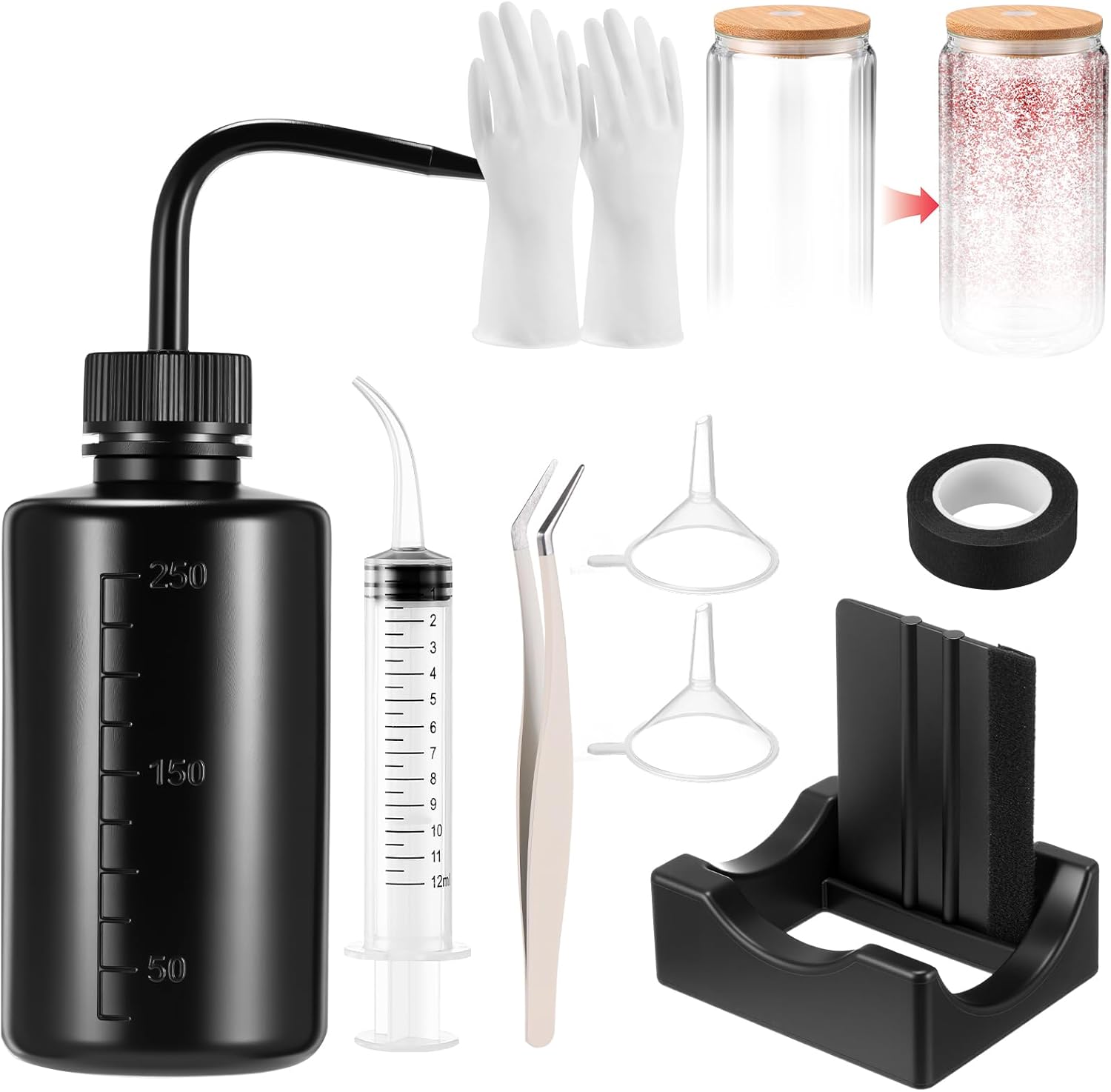 Datanly 10 Pcs Snow Globe Tumbler Supplies for Glitter, Snow Globe DIY Kit-Plastic Squeeze Bottle Silicone Cup Cradle Funnel Tweezers Bent Syringe for Cup Making Tumbler Craft Supplies (Black,White)