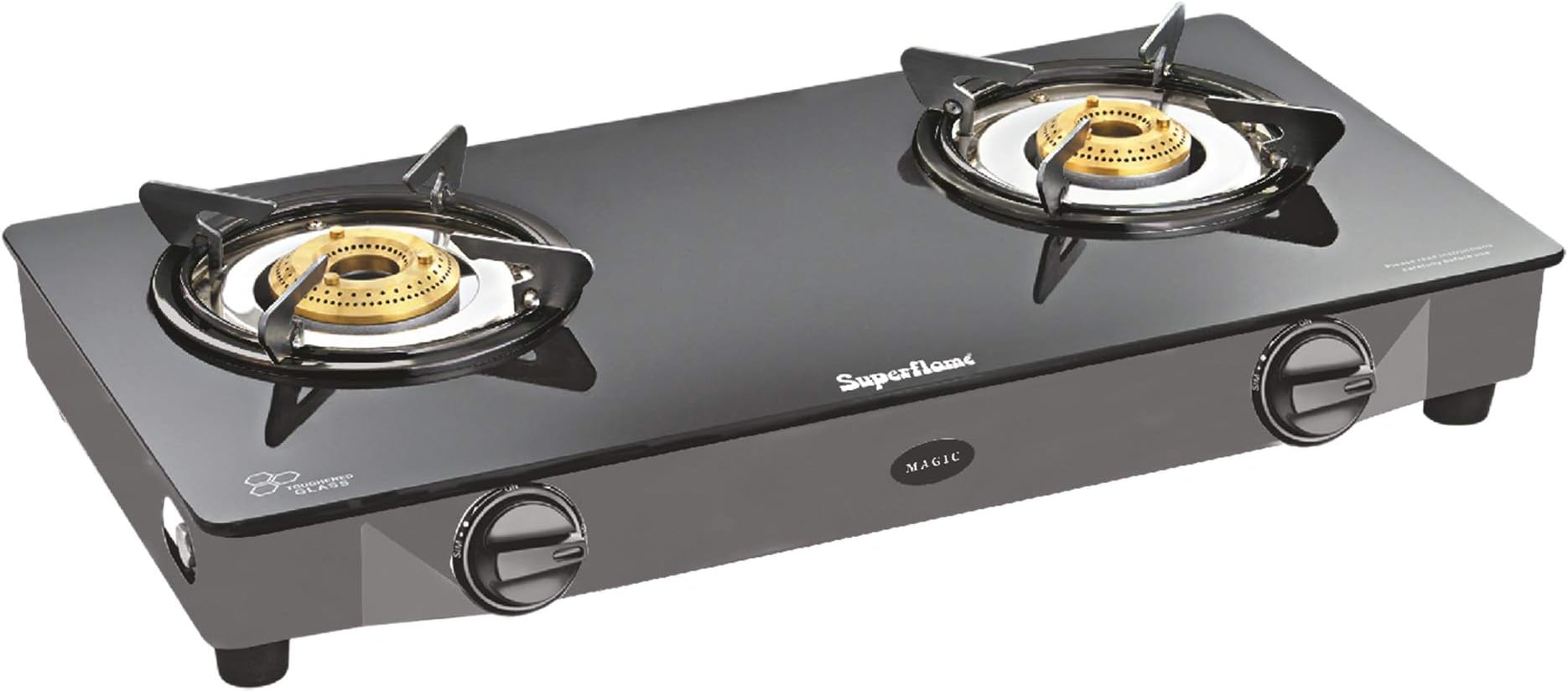 Superflame Magic Glass Top Gas Stove with 2 Year Warranty (2 Burner), Stainless Steel, Black, Manual