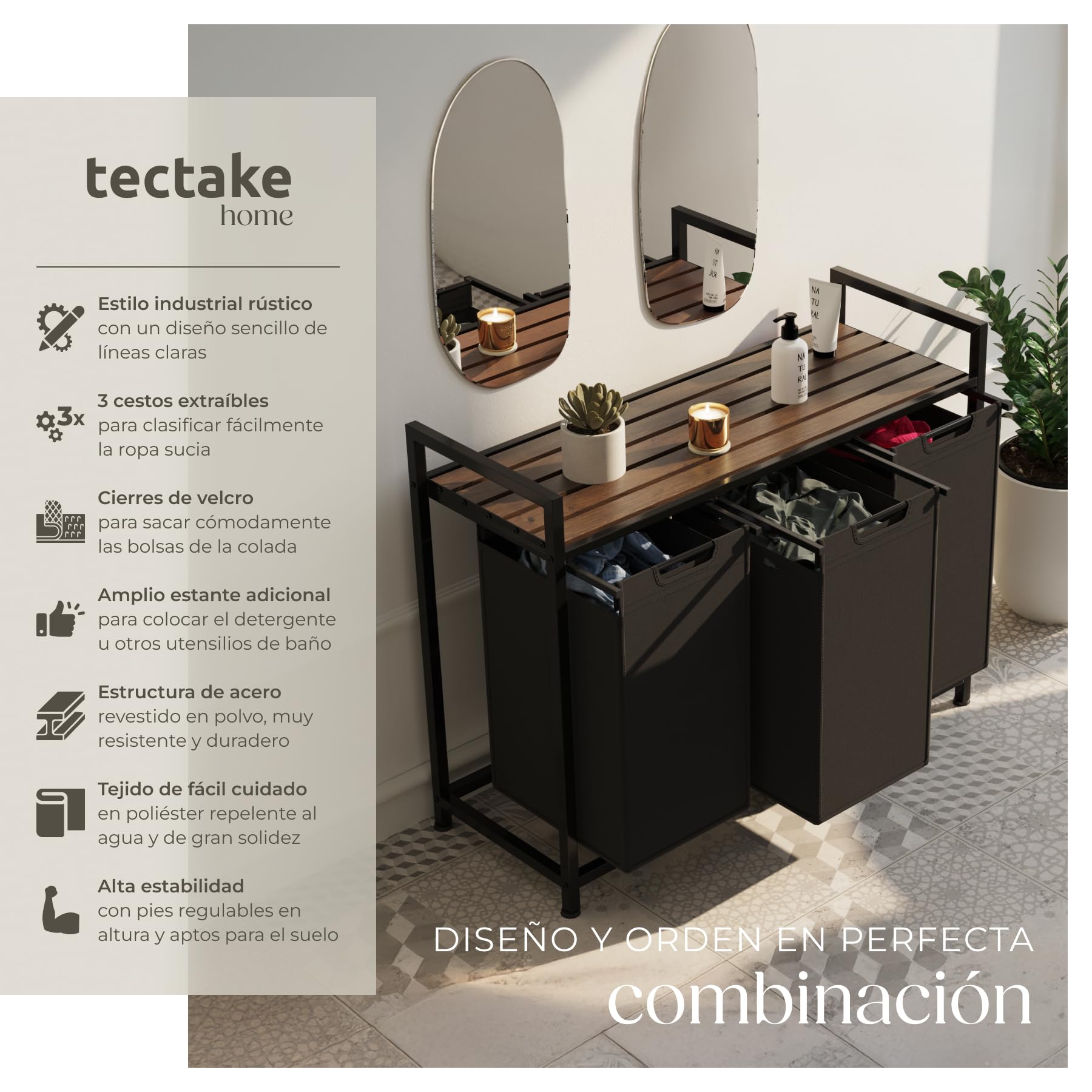 tectake® Cesto Ropa Sucia, Diseño Industrial Rústico, 3 Compartimentos, Bolsas de Poliéster Extraíbles, Cesta para Colada, Armario Lavandería, Estructura de Acero, Pies Regulables - 34 x 93,5 x 72 cm