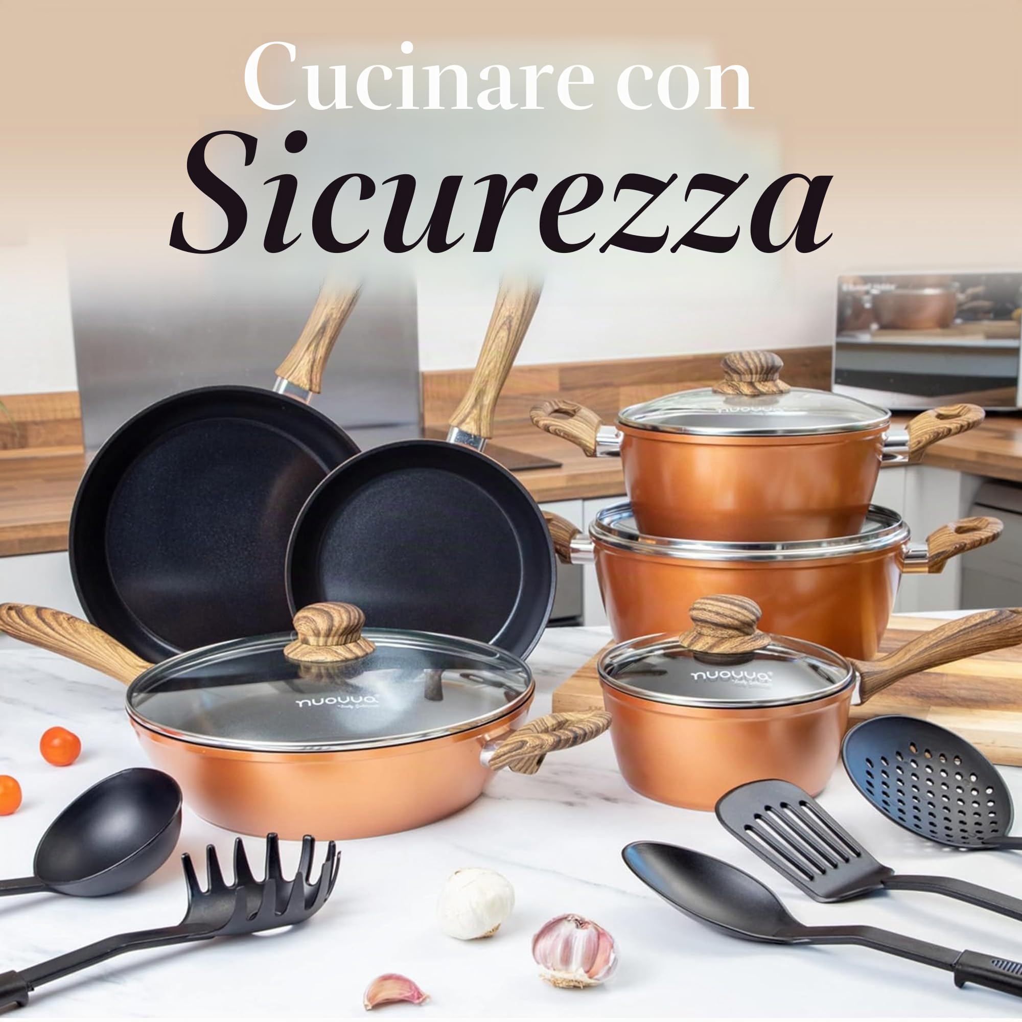 Set di pentole e padelle antiaderenti – Set di pentole per fornelli a induzione – 15 pezzi di utensili da cucina con coperchi – Pentole in rame per cucinare – di Nuovva