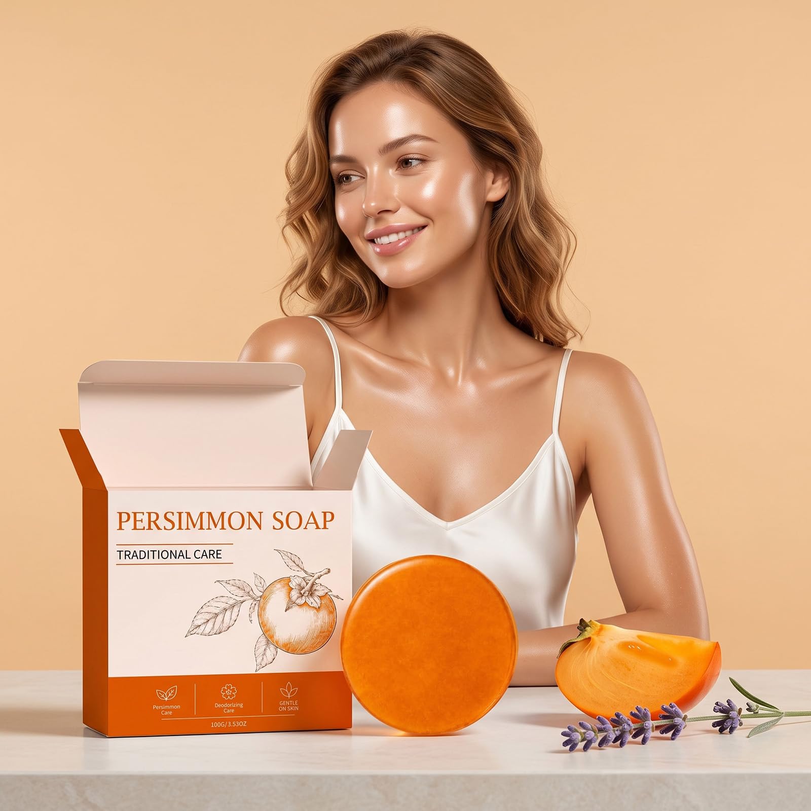 Saponetta al cachi per remove e gli odori corporei, sapone da bagno detergente e idratante, deodorante e antiodore con estratto di cachi e lavanda, sapone da bagno detergente quotidiano (6pcs)
