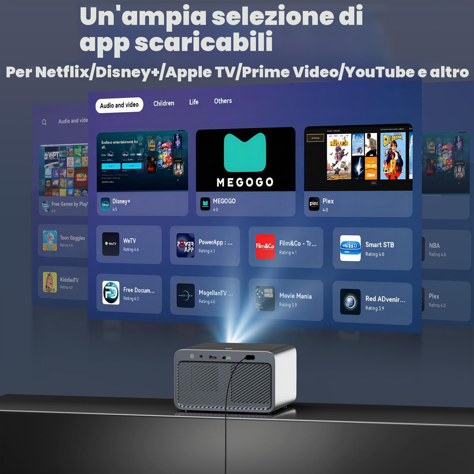 Proiettore 4K [800+ app per Netflix, browser e TV in diretta, configurazione AI Car e controllo CEC] Full HD 1080P 1300 ANSI Lisowod Smart Projector con WiFi 6, Bluetooth 5.2, Dolby Audio, Home Cinema