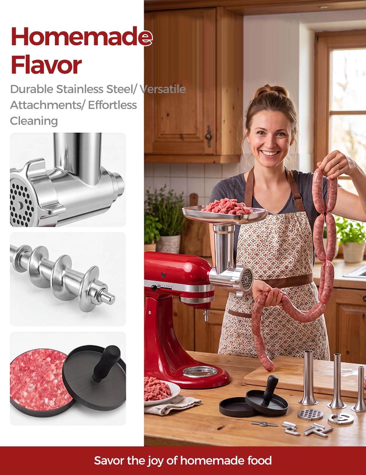 Nasadka do Mielenia Mięsa do KitchenAid Robota Kuchennego | Nasadka do Mielenia Mięsa ze Stali Nierdzewnej Zawiera Nadziewarkę do Kiełbas, Szczotkę do Czyszczenia