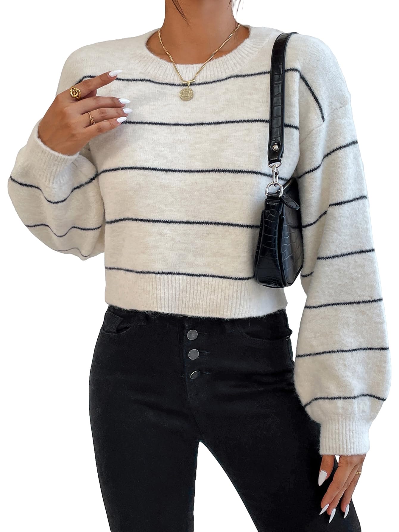 SHENHE Womens Striped Drop Shoulder Crewneck Soft Cropped Sweater Pullover Knit Top