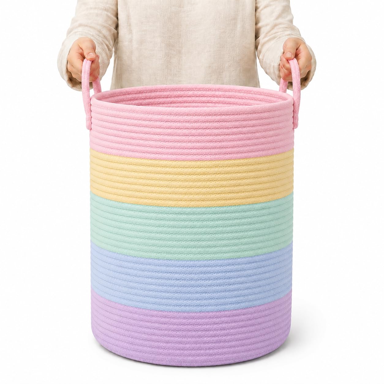 OrganiHaus Cesto grande de cuerda tejida con asas 38 x 46 cm, 52 L, canasta para ropa sucia, mantas o juguetes, organizador multiusos para recámara o cuarto de bebé. Arcoíris Pastel | Rainbow Pastel - Cesta de cuerda de algodón arcoíris, guardería 52L - Arcoíris Pastel