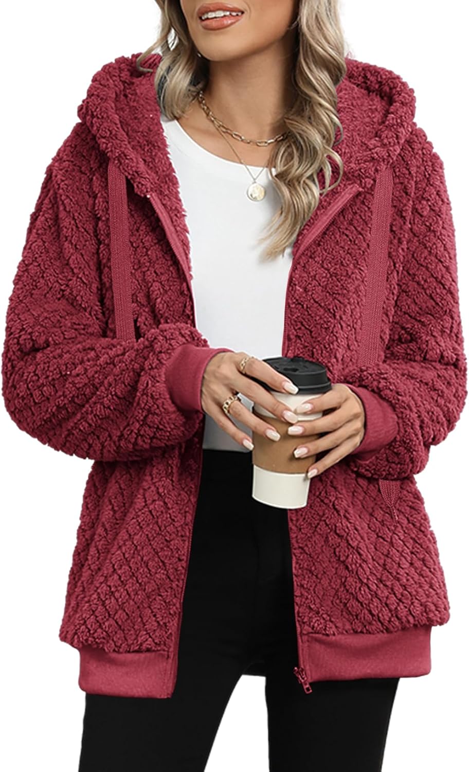 Nirovien Womens Sherpa Jacket Fuzzy Zip Up Hoodie Oversized Fleece Jackets Fluffy Coat with Pockets - Image 5