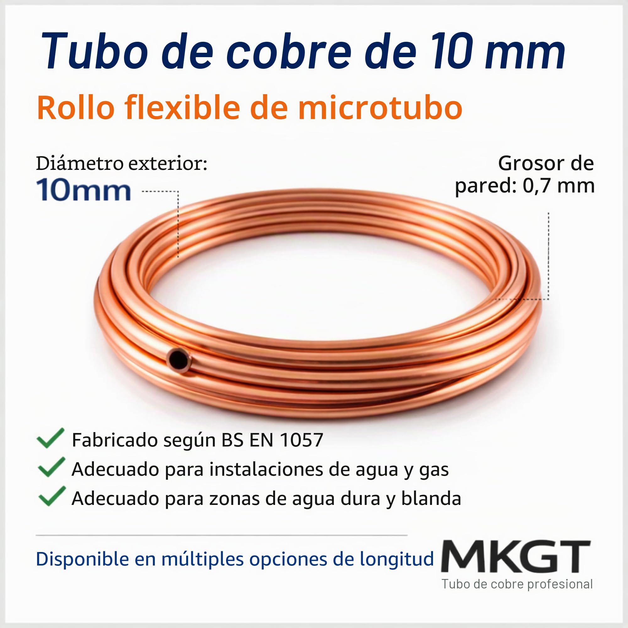 Tubo de cobre en espiral de microorificio flexible para instalaciones de agua, gas, fontanería y bricolaje (10 mm, 3 metros)