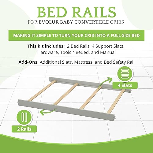 Vista 149 de Kit de conversión de tamaño completo, rieles de cama para cunas Evolur, kit convertible de cuna de madera maciza para cama de niños, rieles de Blanco